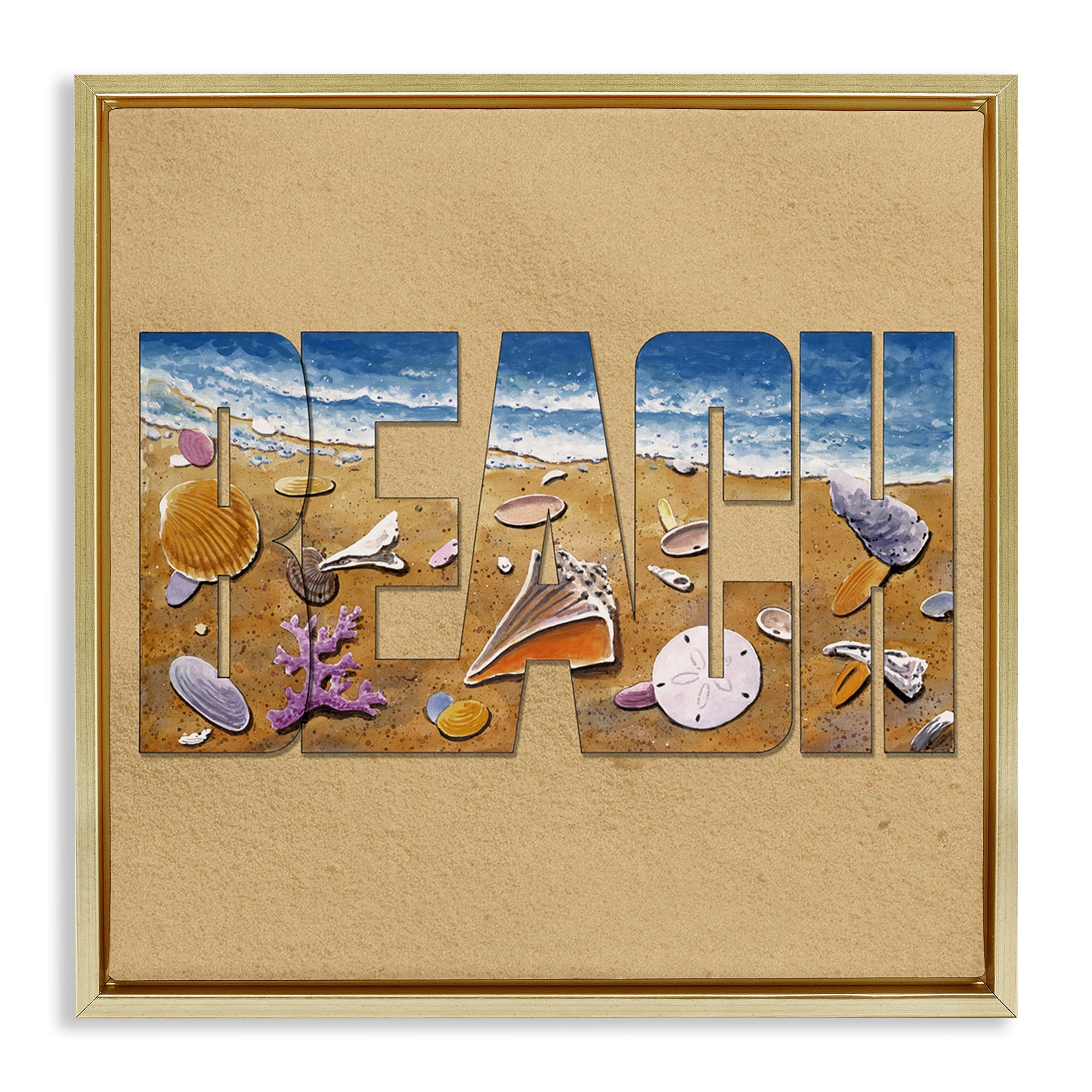 Stupell Industries Beach Letters Outline Nautical & Beach Painting Gold Floater Framed Canvas Art Print Wall Art, 25 x 25