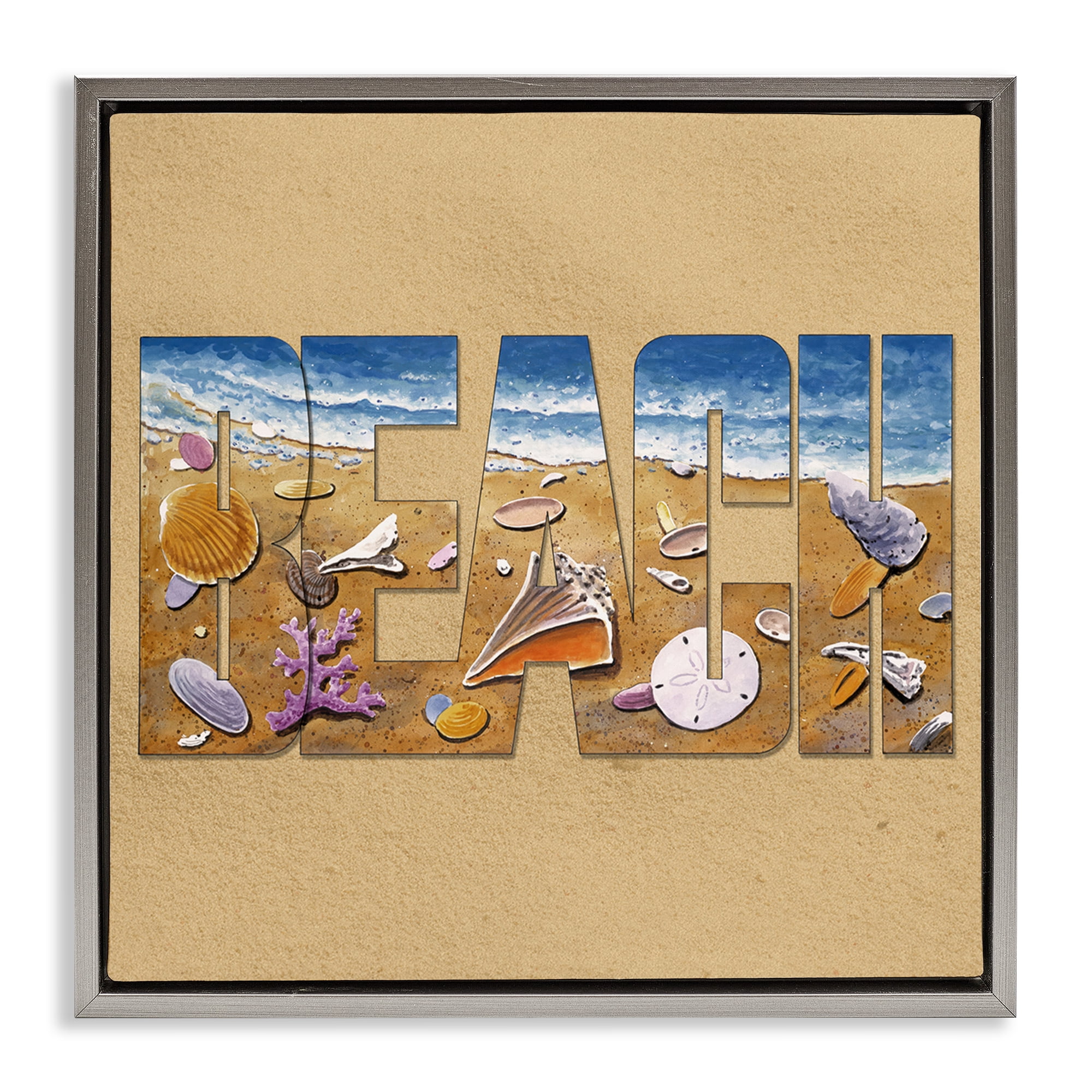 Stupell Industries Beach Letters Outline Nautical & Beach Painting Gray Floater Framed Canvas Art Print Wall Art, 25 x 25