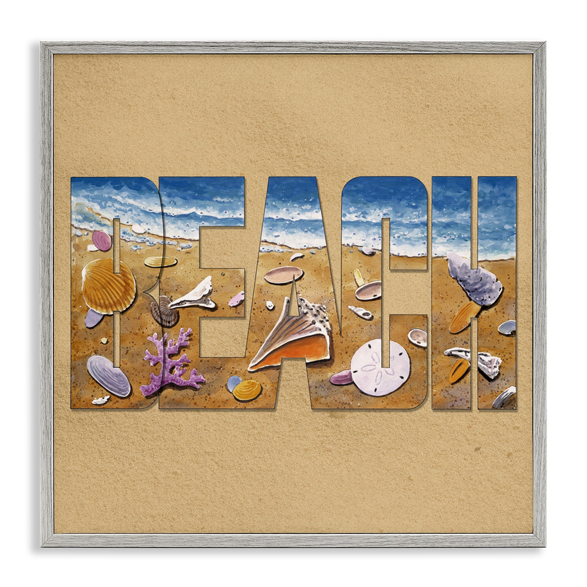 Stupell Industries Beach Letters Outline Nautical & Beach Painting Gray Framed Art Print Wall Art, 24 x 24