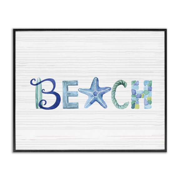 Stupell Industries Rustic Lodge Beach Letters Typography Sea Life Pebbles Rope Black Framed Giclee Art, 14 x 11, by Sharon Lee