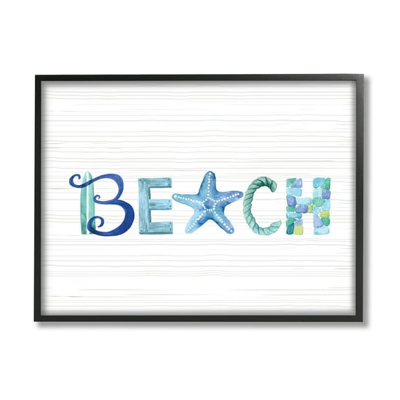 Stupell Industries Beach Letters Typography Sea Life Pebbles Rope Graphic Art Black Framed Art Print Wall Art, Design by Sharon Lee