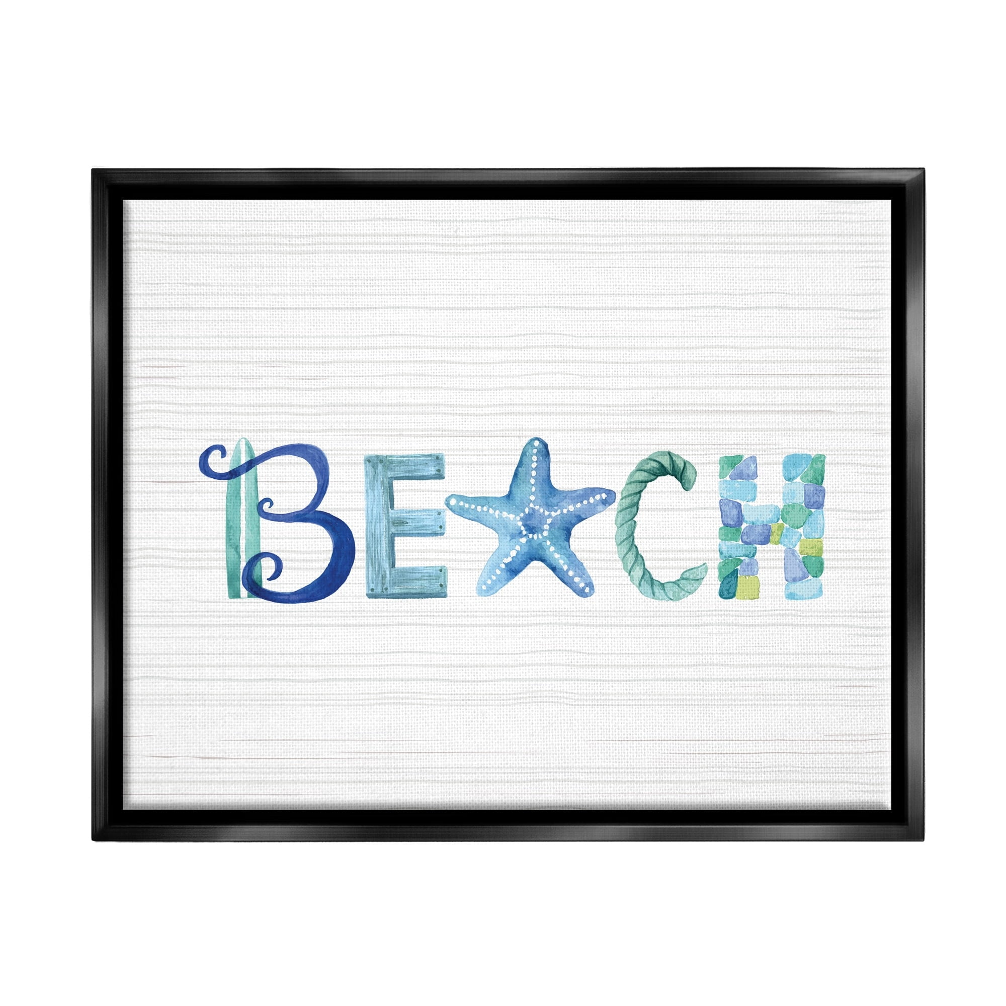Stupell Industries Beach Letters Typography Sea Life Pebbles Rope Graphic Art Jet Black Floating Framed Canvas Print Wall Art, Design by Sharon Lee