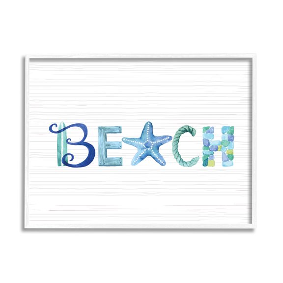 Stupell Industries Beach Letters Typography Sea Life Pebbles Rope Graphic Art White Framed Art Print Wall Art, Design by Sharon Lee