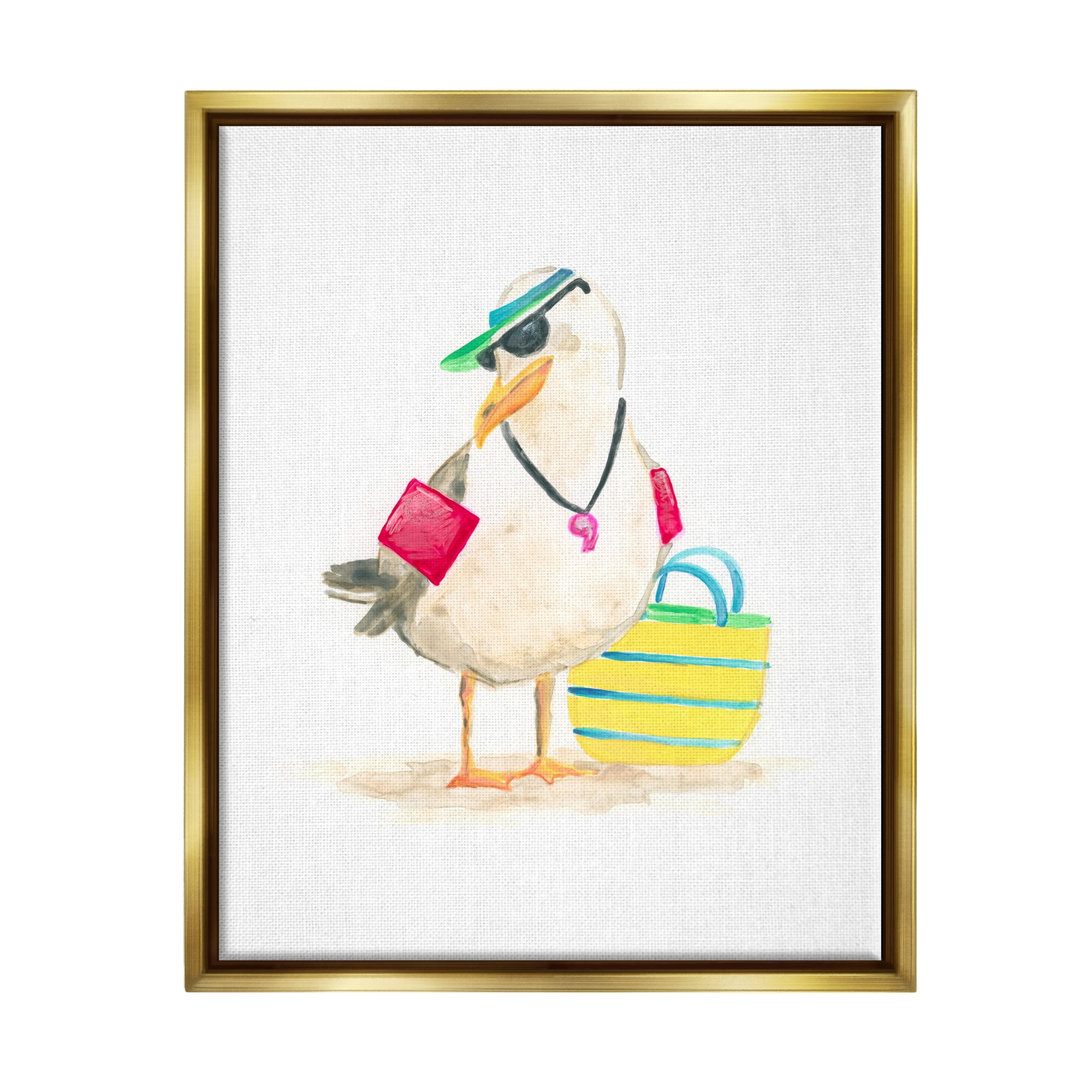 Stupell Industries Beach Lifeguard Seagull Animals & Insects Painting Gold Floater Framed Canvas Art Print Wall Art, 25 x 31