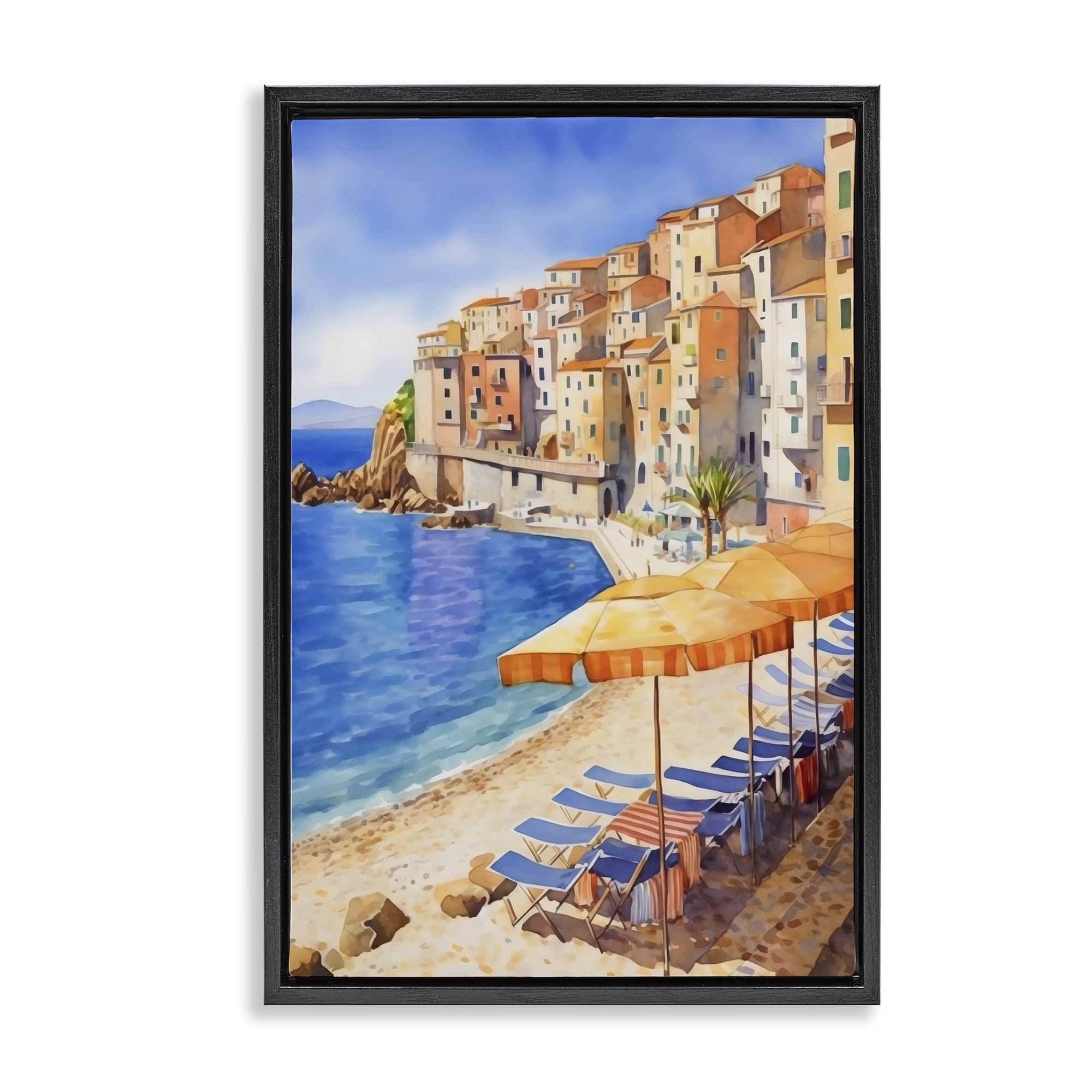 Stupell Industries Beach Lounging on Mediterranean Shore Black Framed Floater Canvas Wall Art, design by Creative Studio