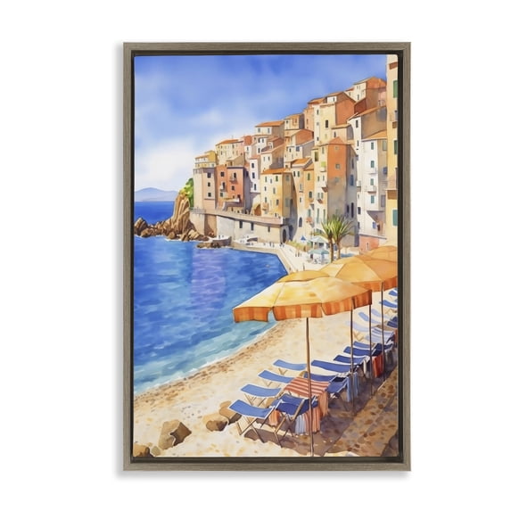 Stupell Industries Coastal Beach Lounging on Mediterranean Shore Brown Floating Frame Canvas Art, 17 x 25, by Creative Studio