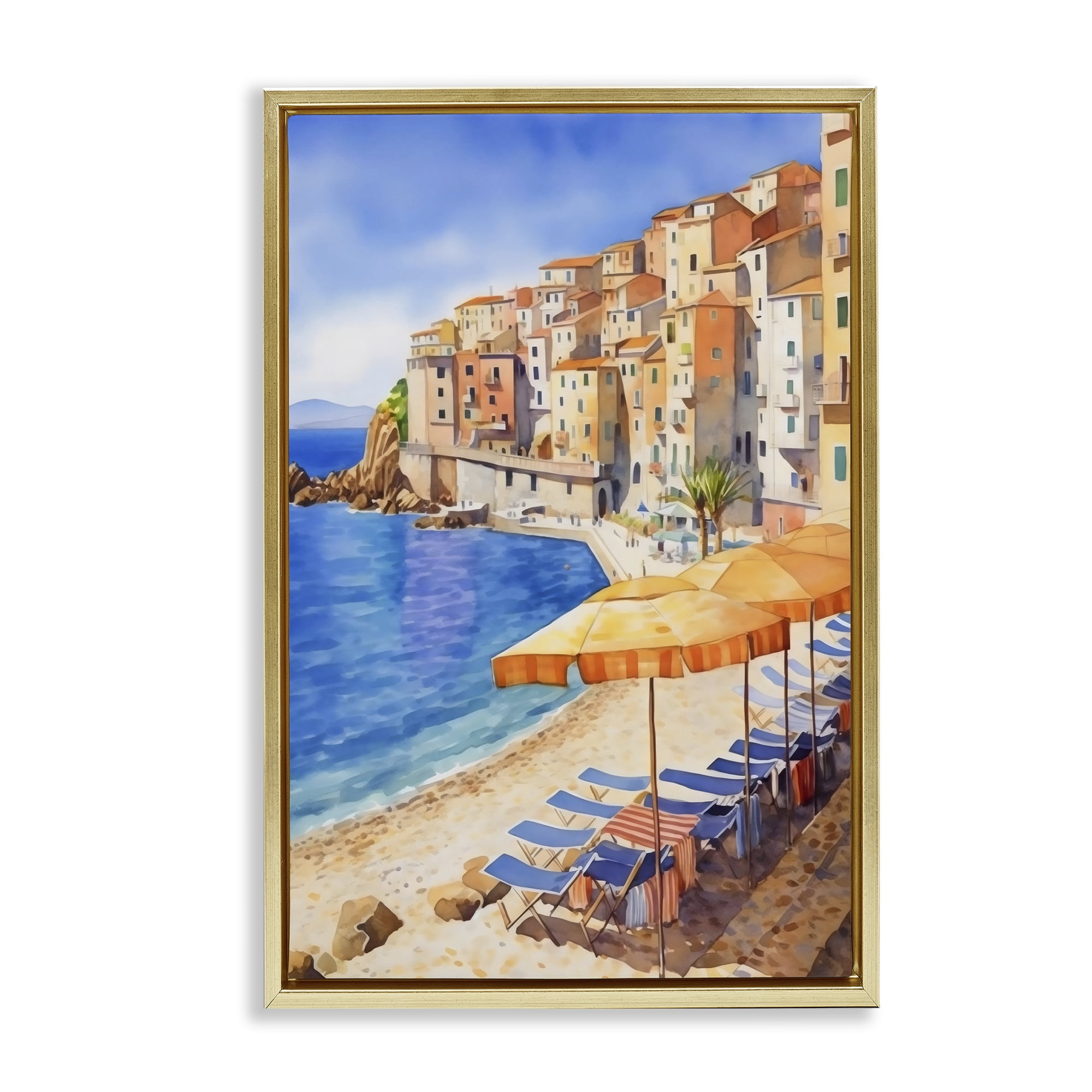 Stupell Industries Beach Lounging on Mediterranean Shore Gold Framed Floater Canvas Wall Art, design by Creative Studio