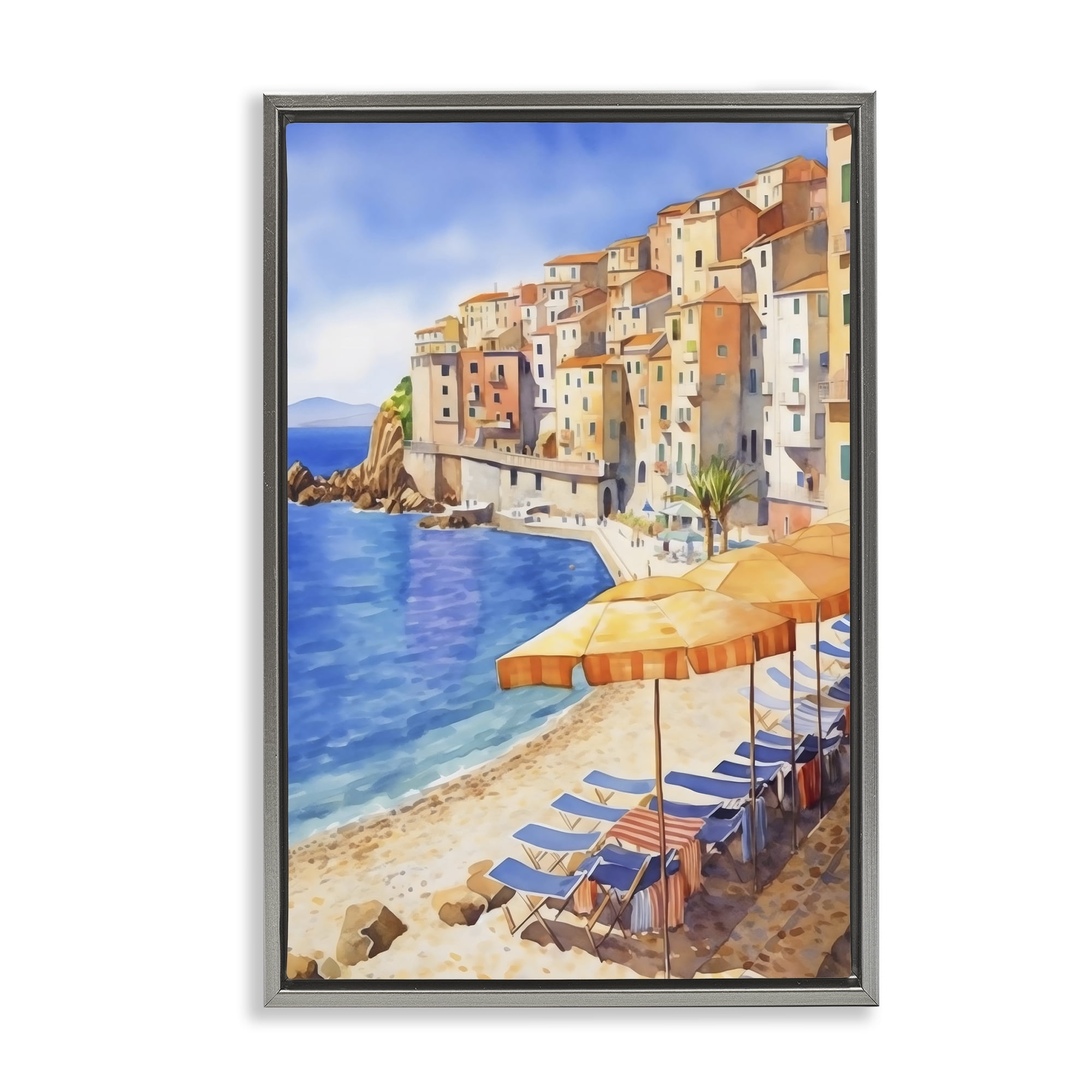 Stupell Industries Beach Lounging on Mediterranean Shore Gray Framed Floater Canvas Wall Art, design by Creative Studio