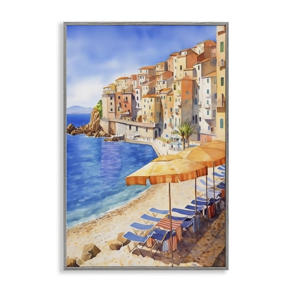Stupell Industries Coastal Beach Lounging on Mediterranean Shore Gray Framed Giclee Art, 20 x 30, by Creative Studio