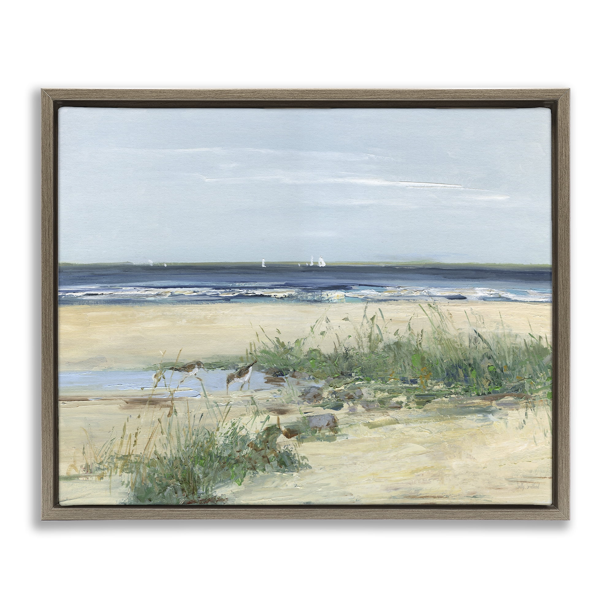 Stupell Industries Beach Marsh Sandpipers Brown Framed Floater Canvas Wall Art, design by Sally Swatland