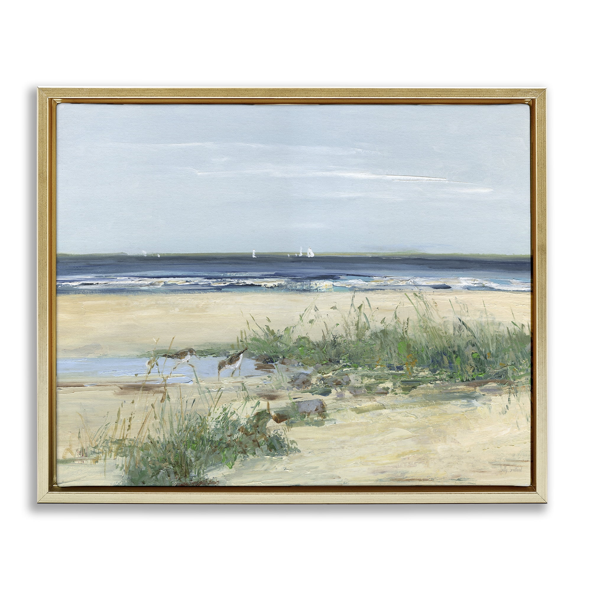 Stupell Industries Beach Marsh Sandpipers Gold Framed Floater Canvas Wall Art, design by Sally Swatland