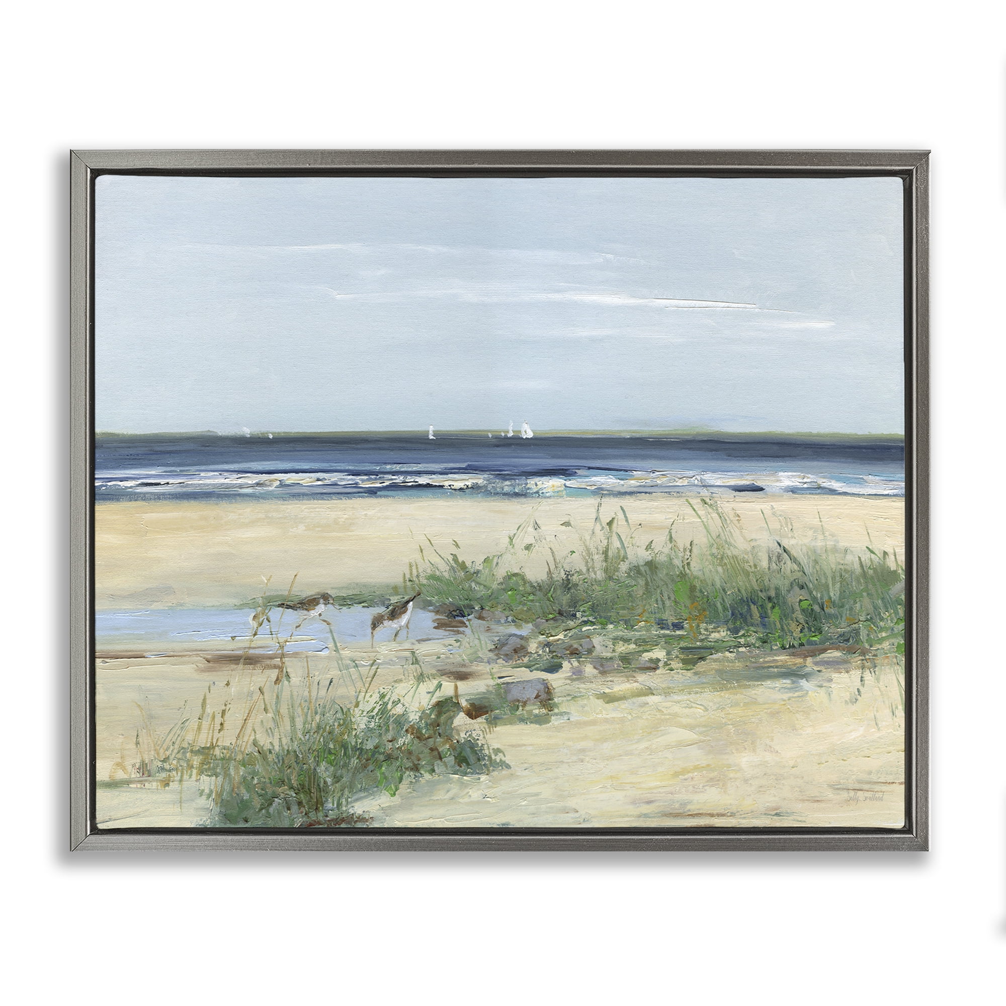 Stupell Industries Beach Marsh Sandpipers Gray Framed Floater Canvas Wall Art, design by Sally Swatland
