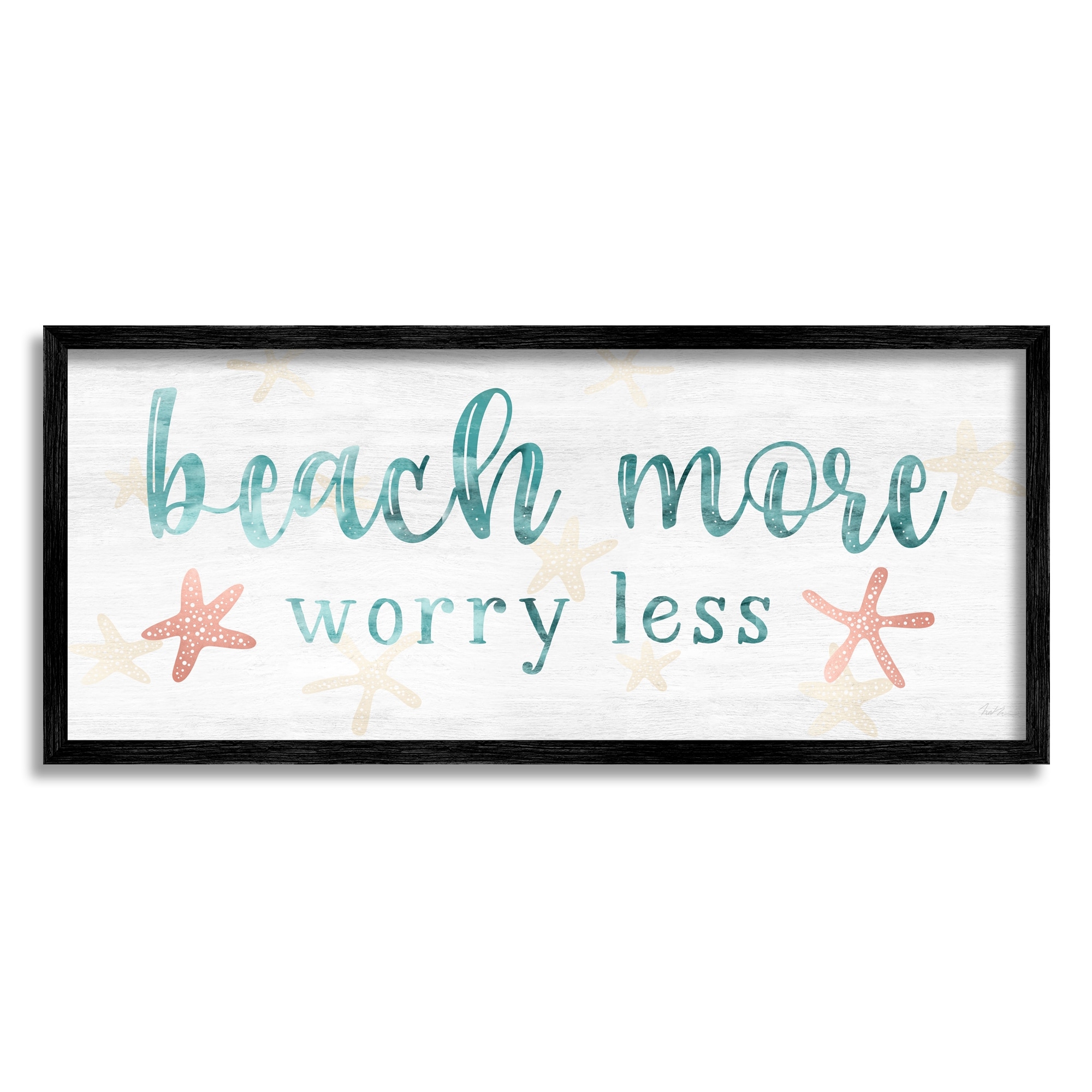 Stupell Industries Beach More Worry Less Nautical Sign Red Starfish Graphic Art Black Framed Art Print Wall Art, 30x13, by Natalie Carpentieri