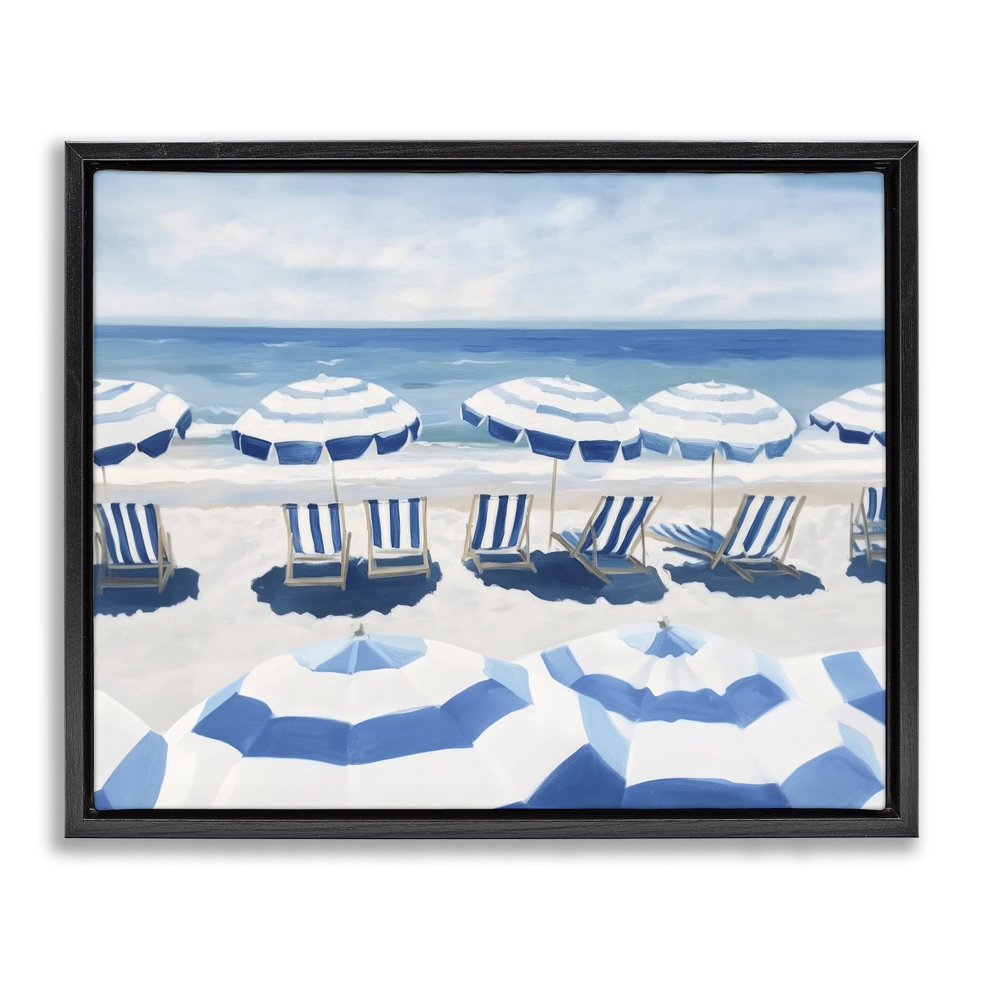 Stupell Industries Beach Nice Blue Striped Umbrellas Black Framed Floater Canvas Wall Art, design by Sisi and Seb