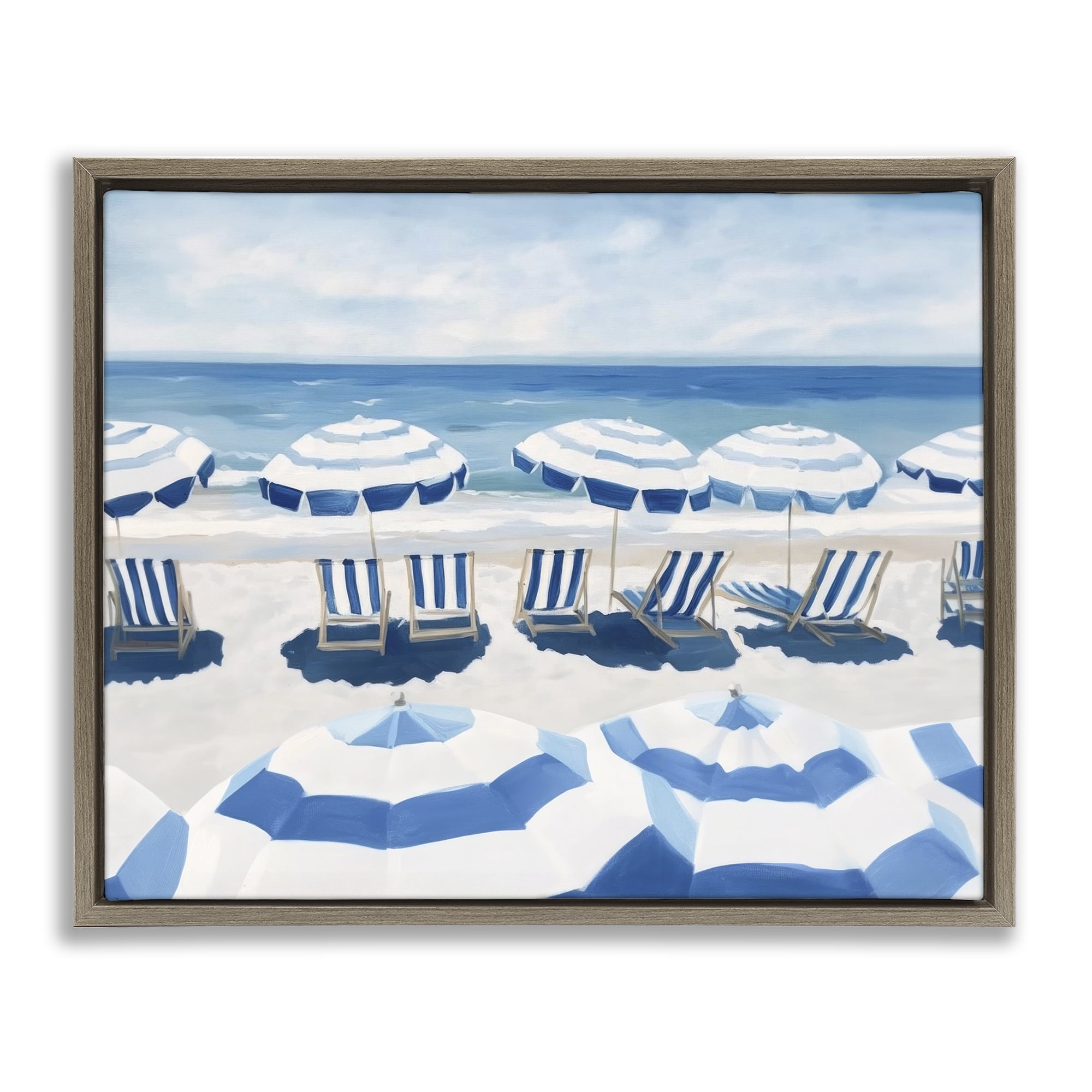 Stupell Industries Beach Nice Blue Striped Umbrellas Brown Framed Floater Canvas Wall Art, design by Sisi and Seb
