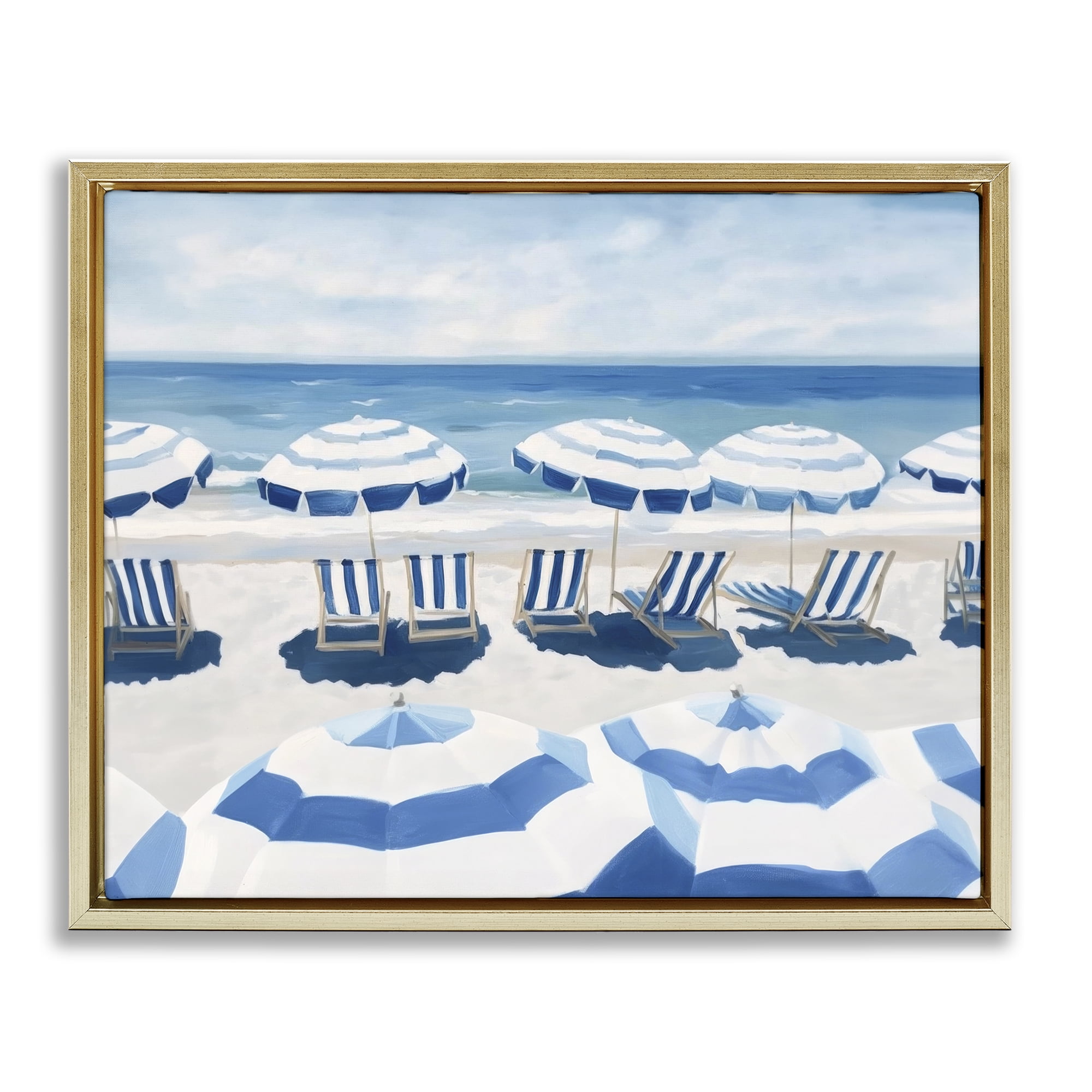 Stupell Industries Beach Nice Blue Striped Umbrellas Gold Framed Floater Canvas Wall Art, design by Sisi and Seb
