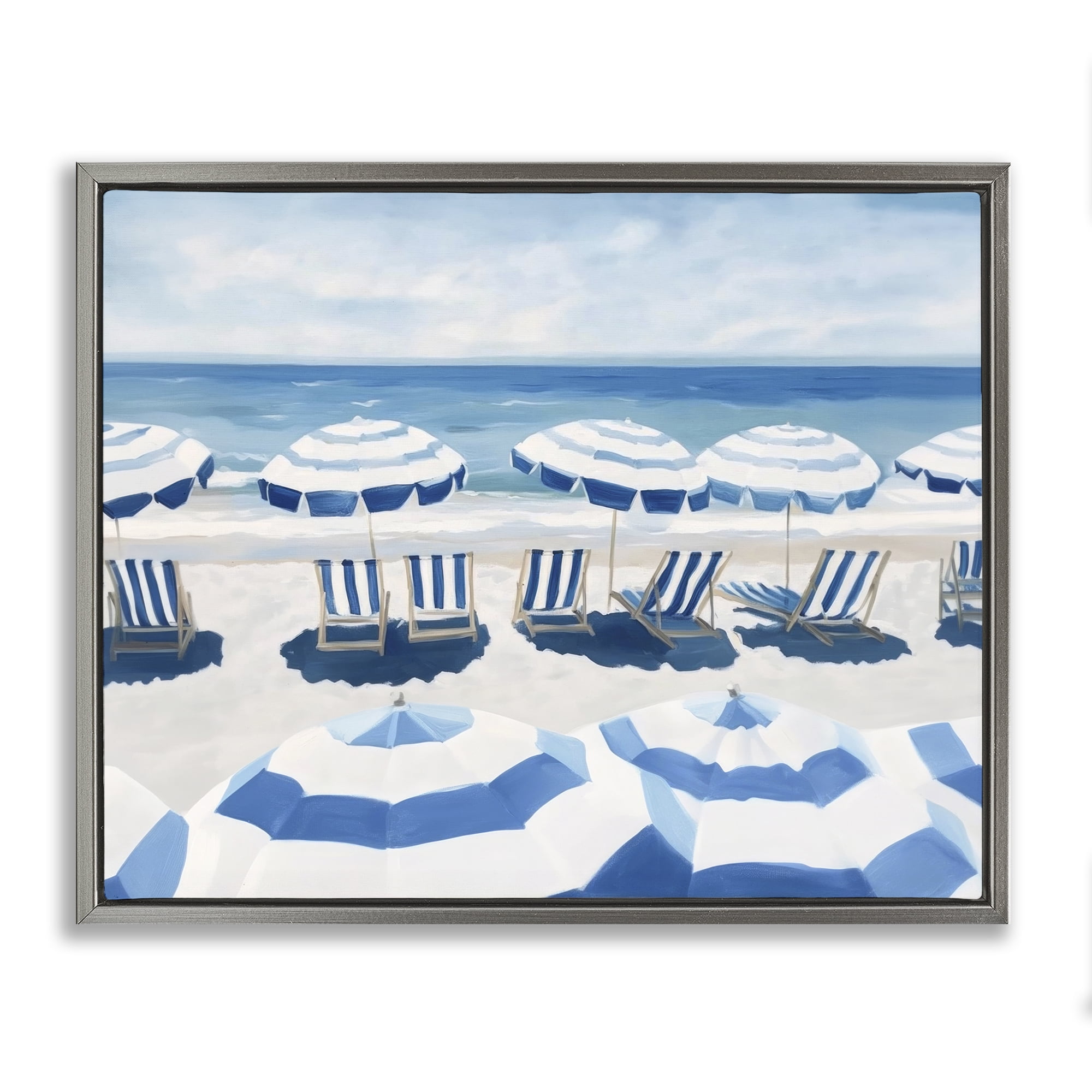 Stupell Industries Beach Nice Blue Striped Umbrellas Gray Framed Floater Canvas Wall Art, design by Sisi and Seb