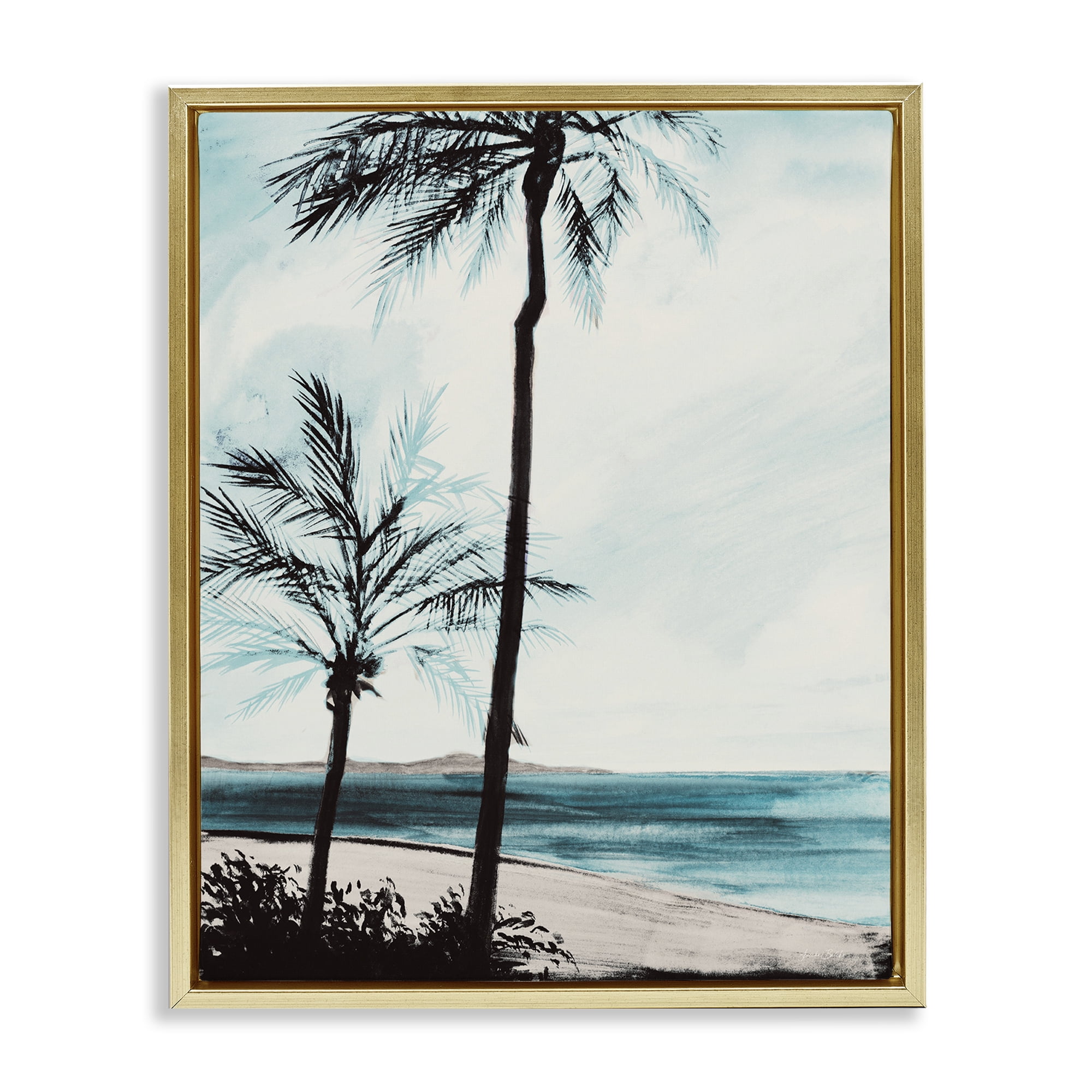 Stupell Industries Beach Palm Silhouettes Coastal Painting Gold Floater Framed Canvas Art Print Wall Art, 25 x 31