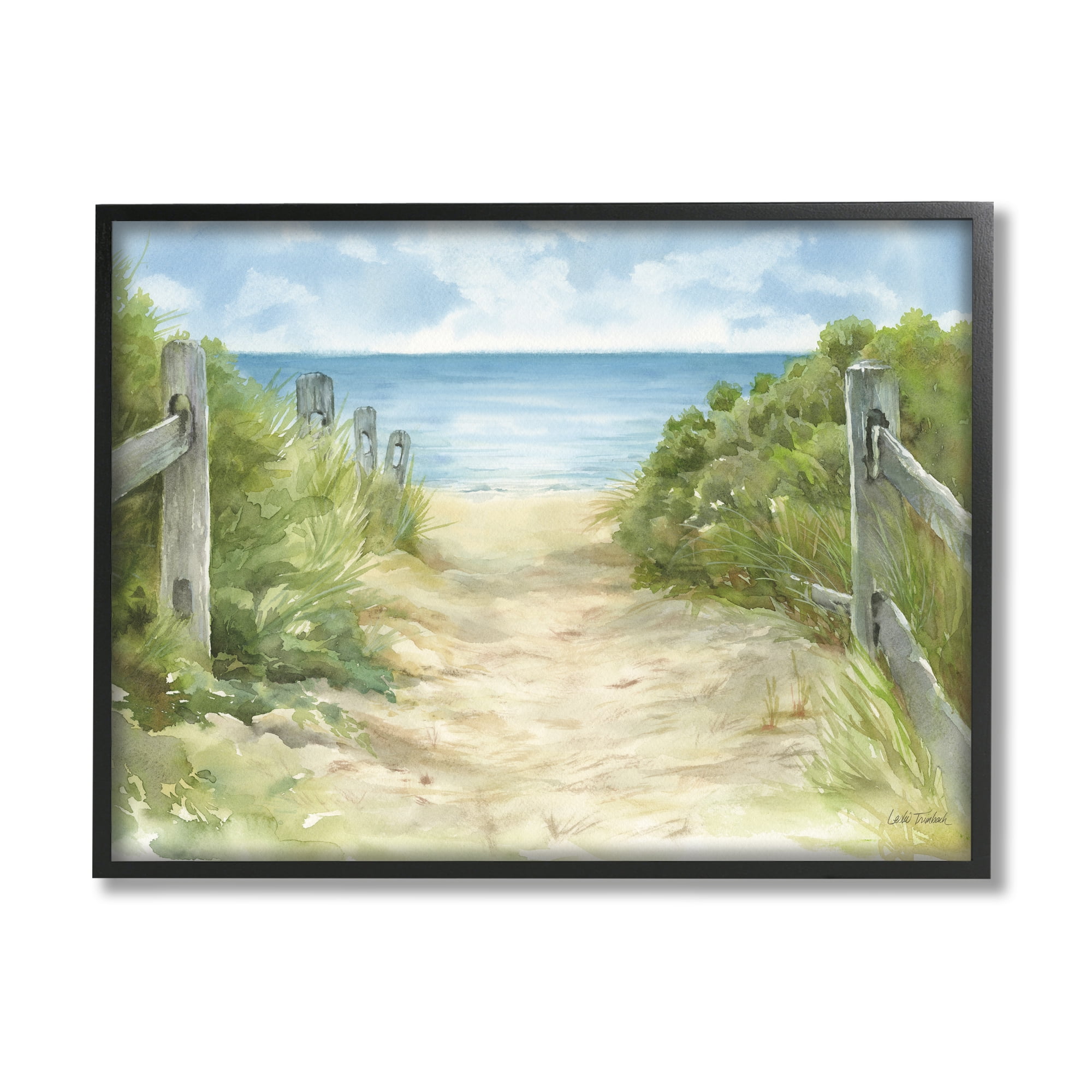 Stupell Industries Beach Path Painting Nature Painting Black Framed Art Print Wall Art, 30 x 24