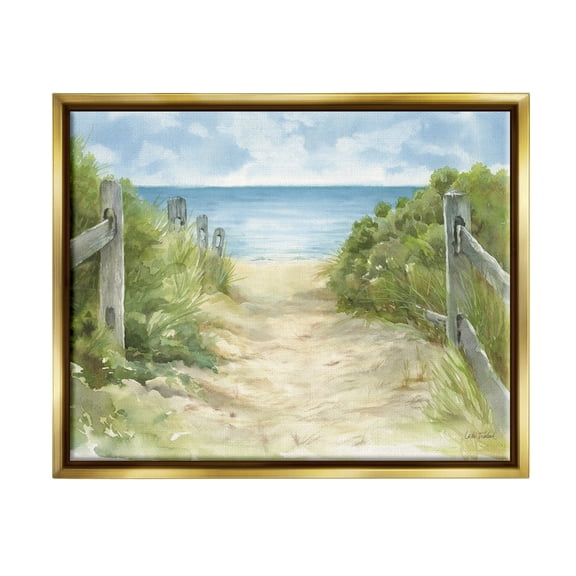 Stupell Industries Beach Path Painting Nature Painting Gold Floater Framed Art Print Wall Art, 21 x 17