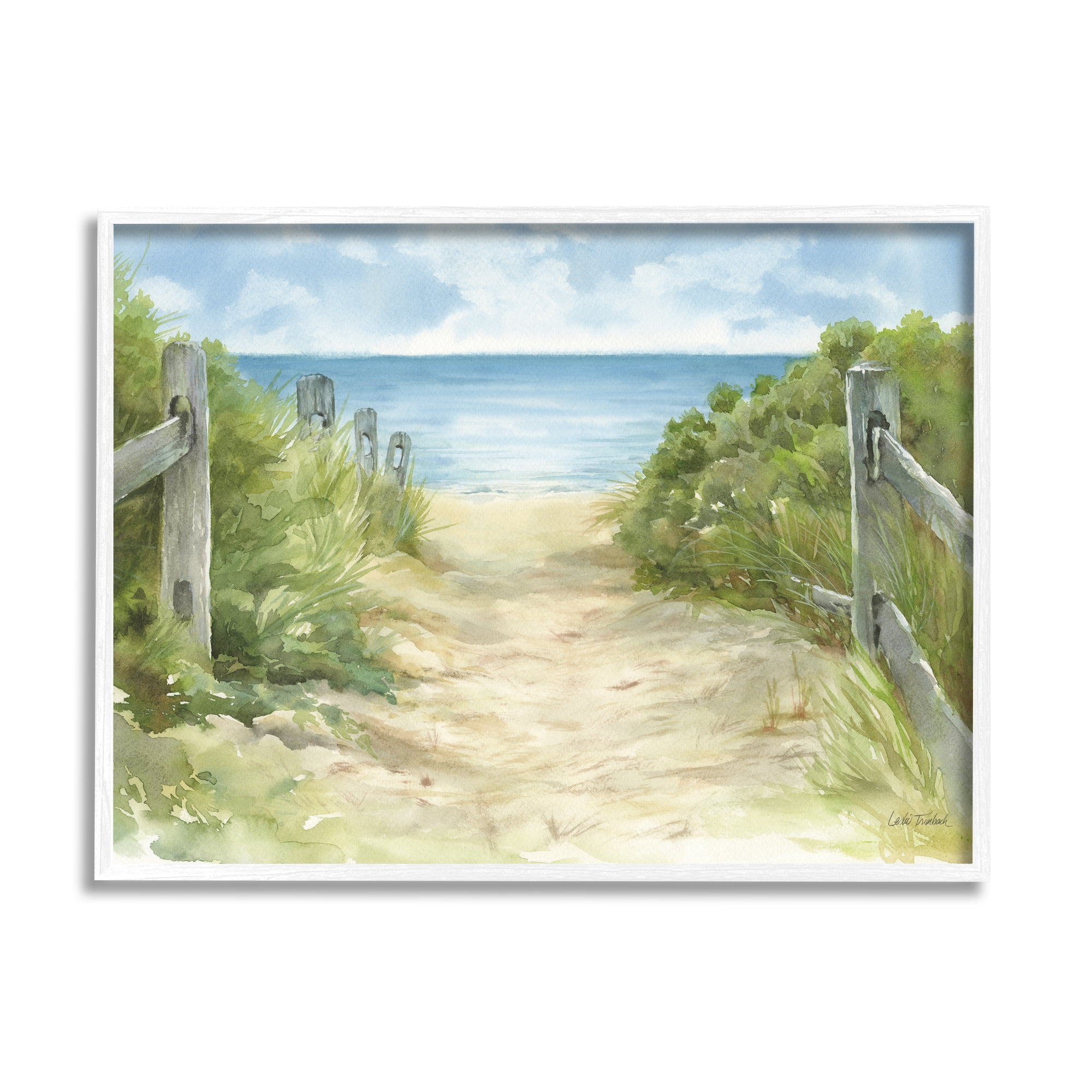 Stupell Industries Beach Path Painting Nature Painting White Framed Art Print Wall Art, 20 x 16