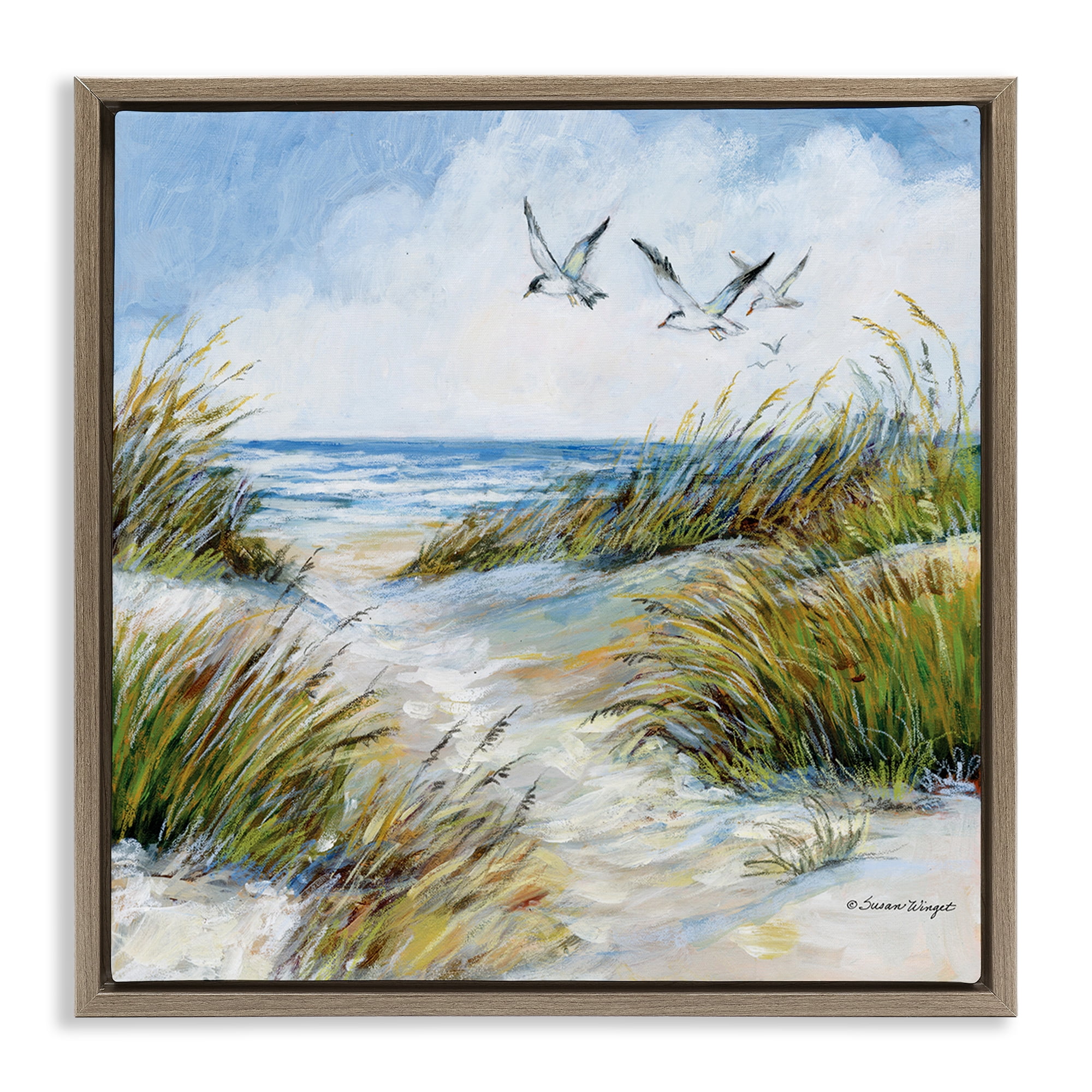 Stupell Industries Beach Path Seagulls Overhead Brown Framed Floater Canvas Wall Art, design by Susan Winget