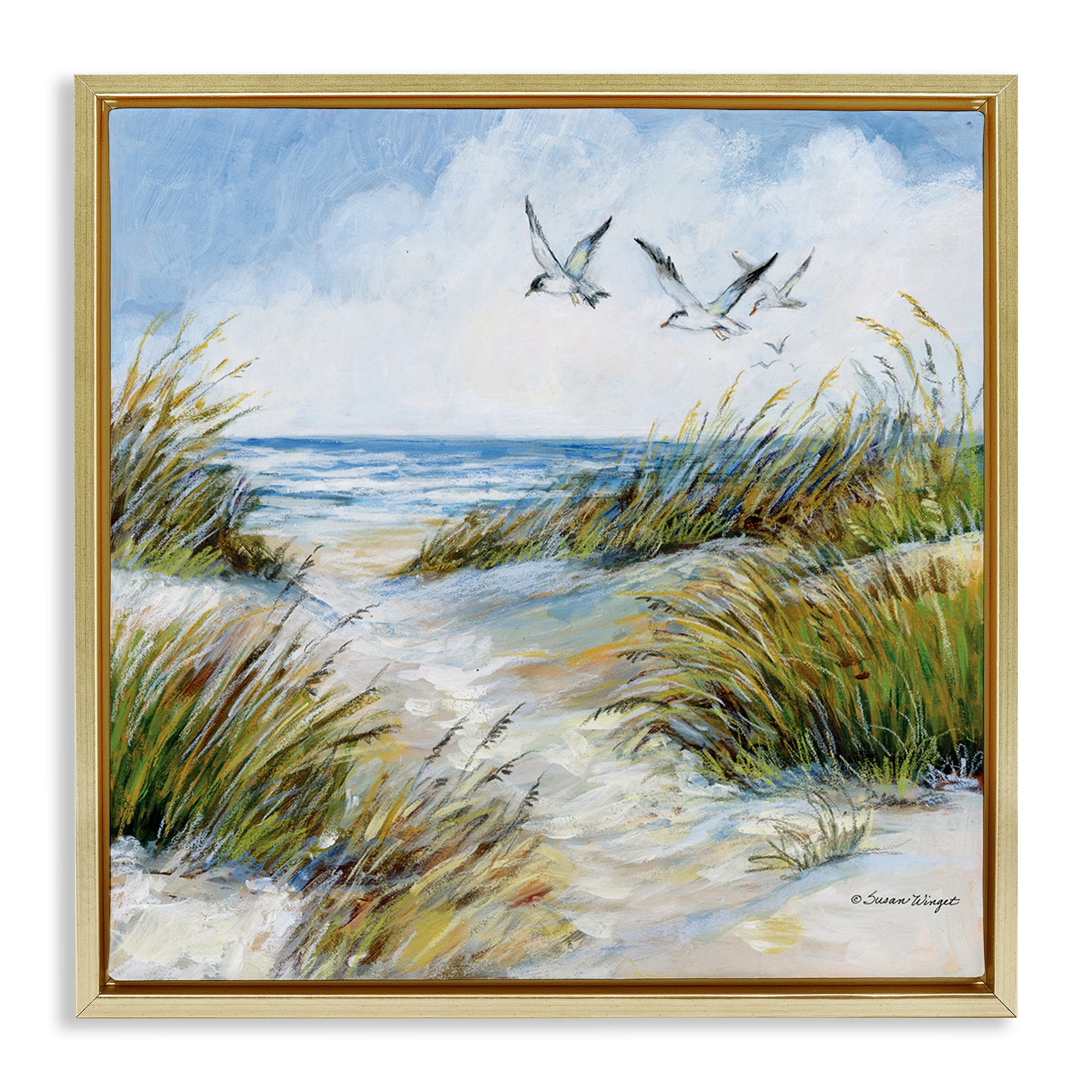 Stupell Industries Beach Path Seagulls Overhead Gold Framed Floater Canvas Wall Art, design by Susan Winget