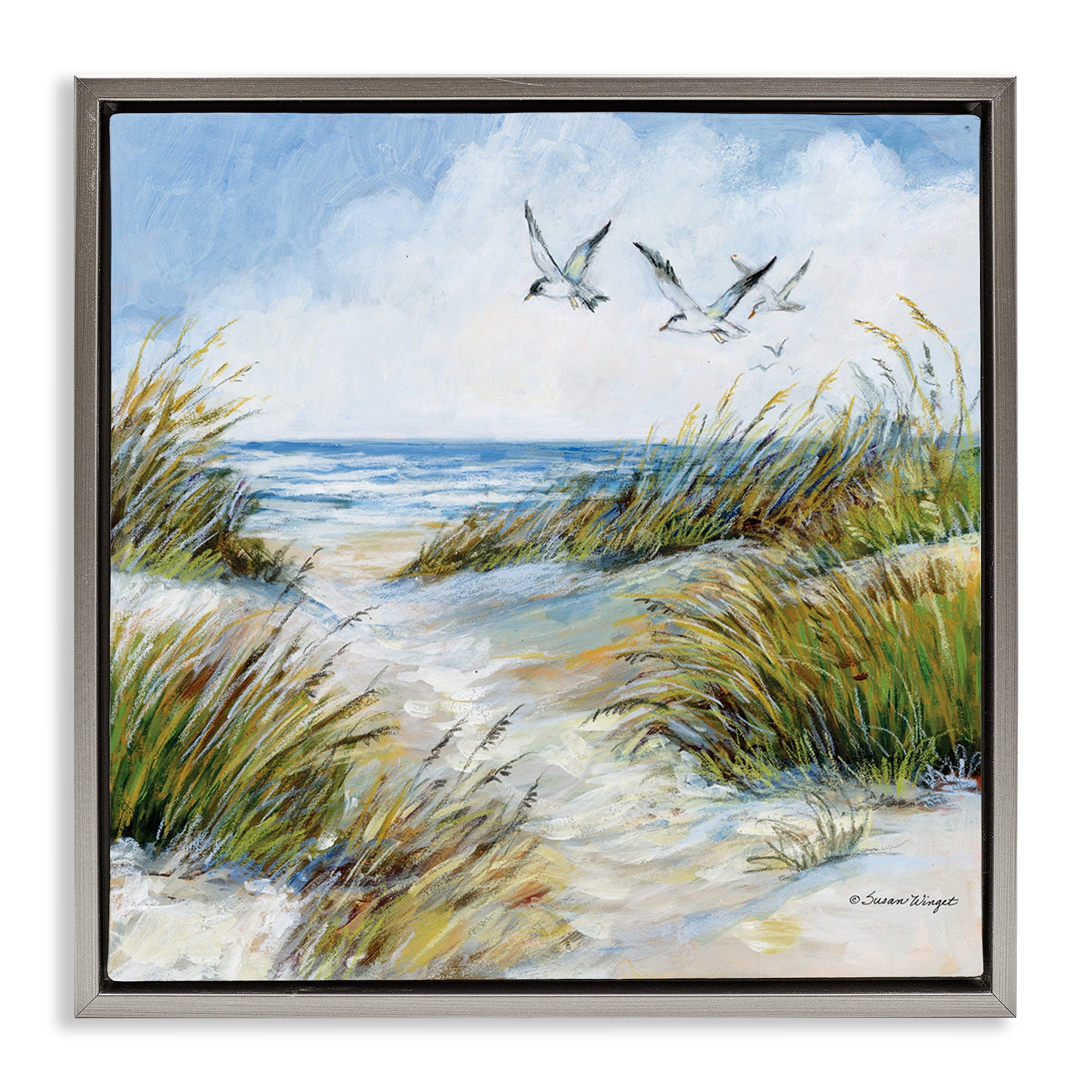 Stupell Industries Beach Path Seagulls Overhead Gray Framed Floater Canvas Wall Art, design by Susan Winget