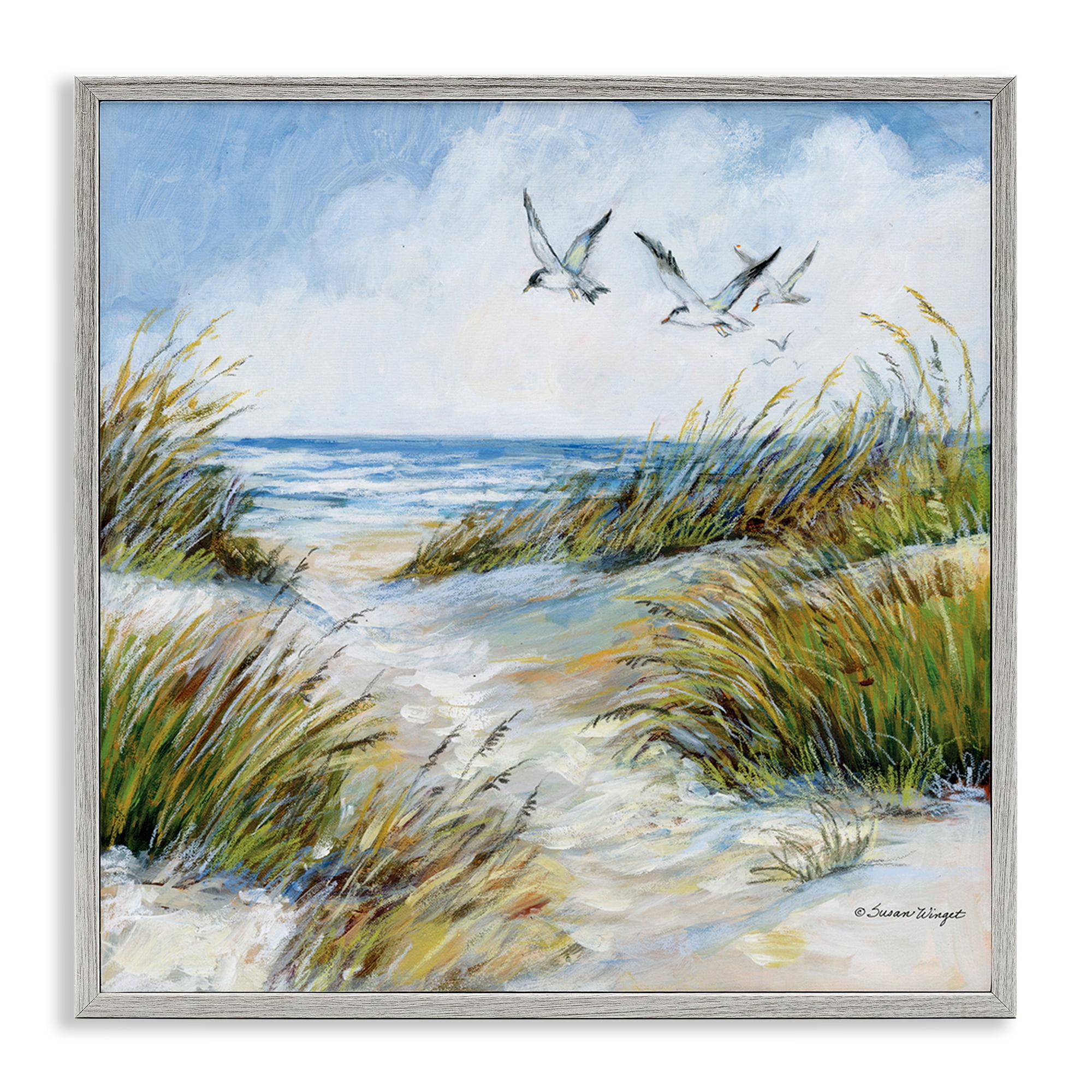 Stupell Industries Beach Path Seagulls Overhead Gray Framed Giclee Art, design by Susan Winget