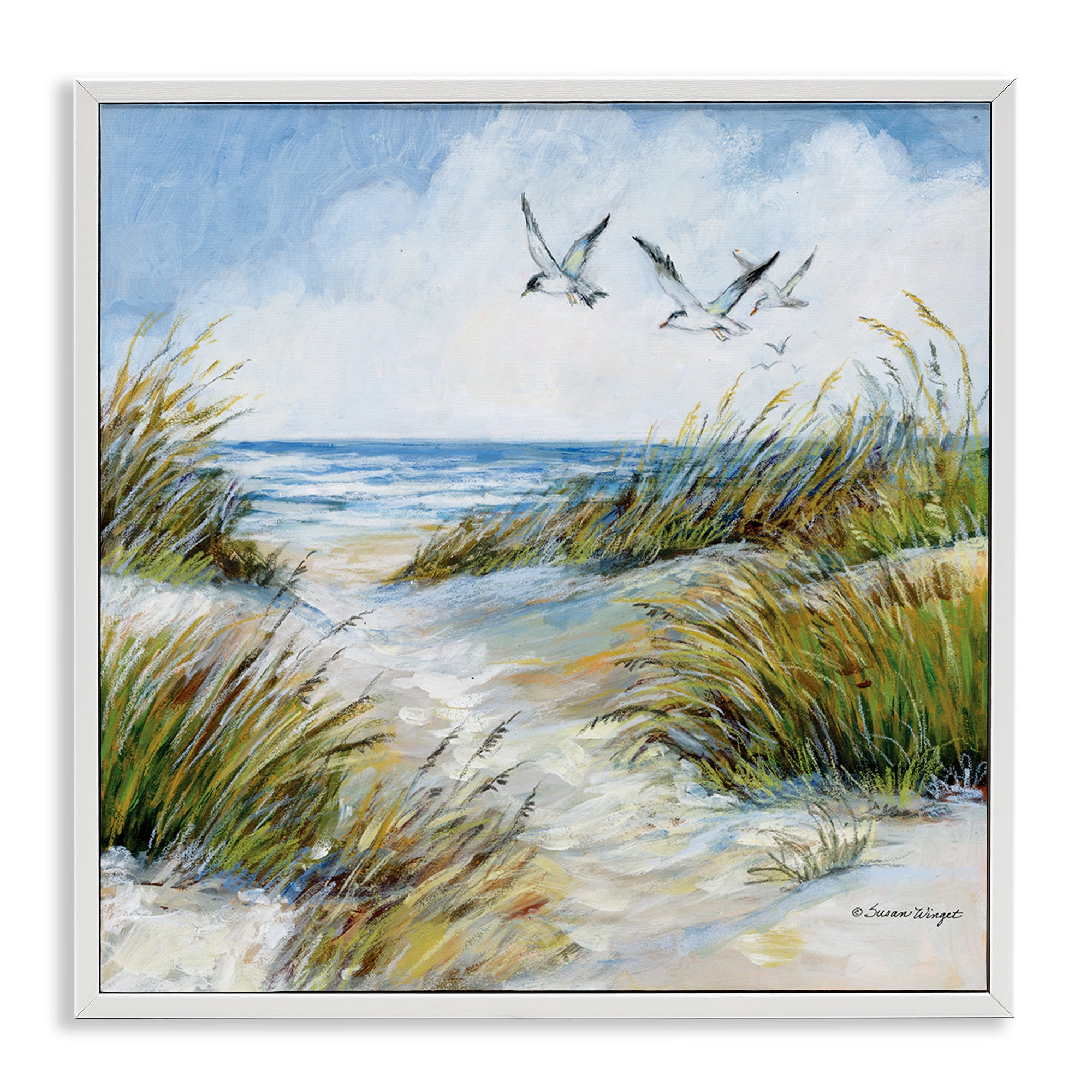 Stupell Industries Beach Path Seagulls Overhead White Framed Giclee Art, design by Susan Winget