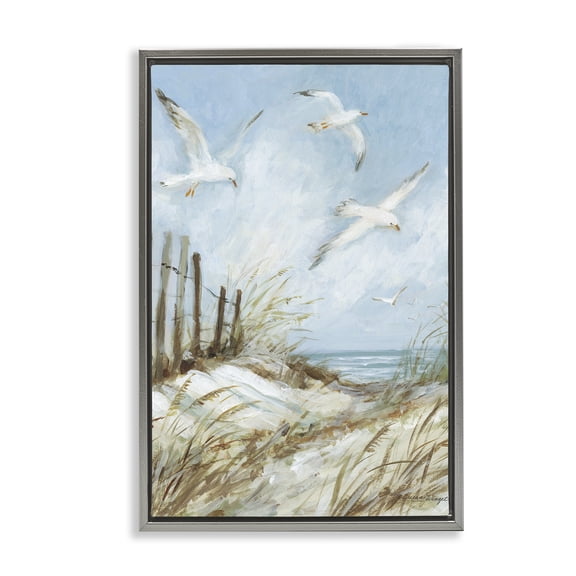 Stupell Industries Beach Path With Seagulls Beach Painting Gray Floater Framed Canvas Art Print Wall Art, 21 x 31