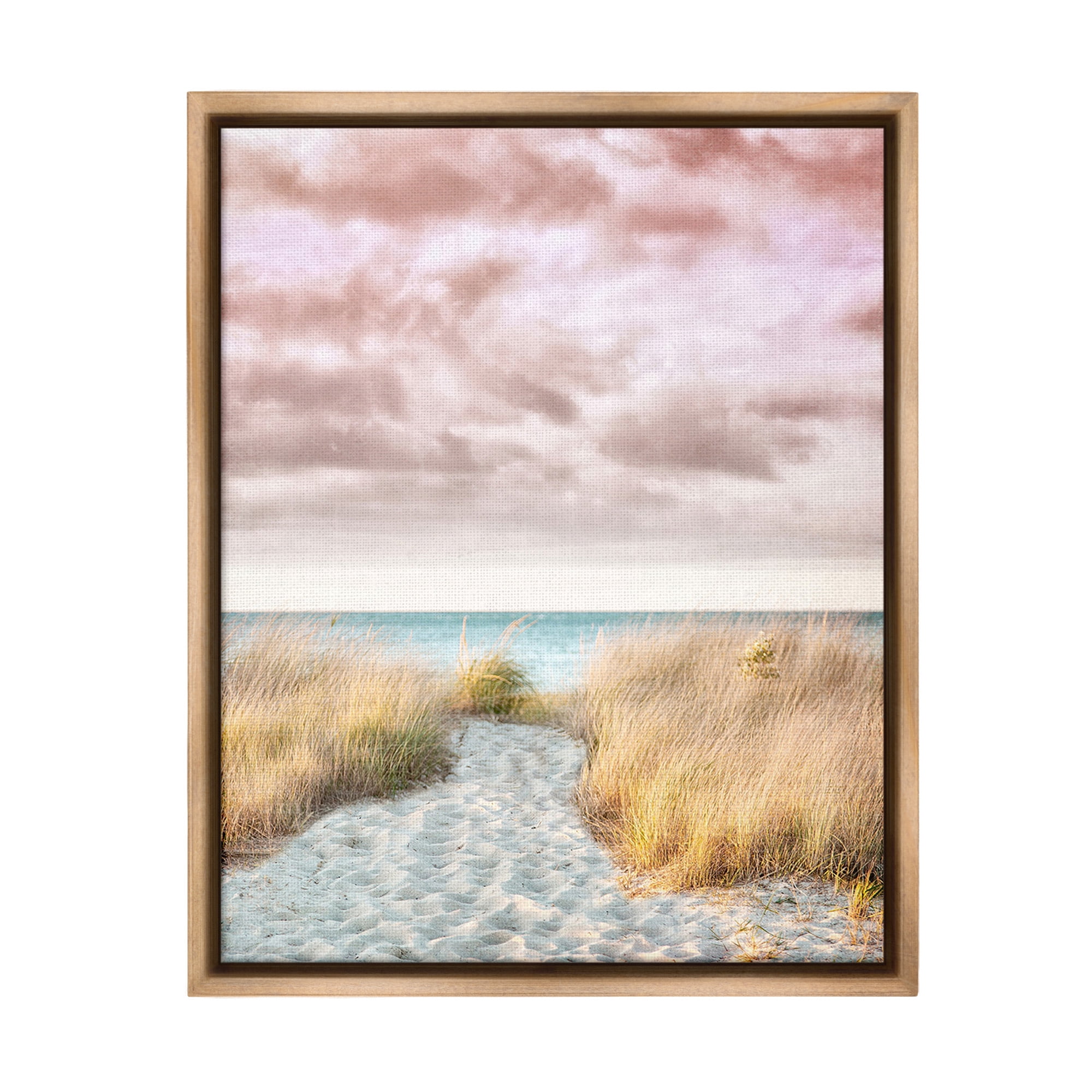 Stupell Industries Beach Path with Pink Sky Landscape Photography Brown Floater Framed Canvas Art Print Wall Art, 17 x 21