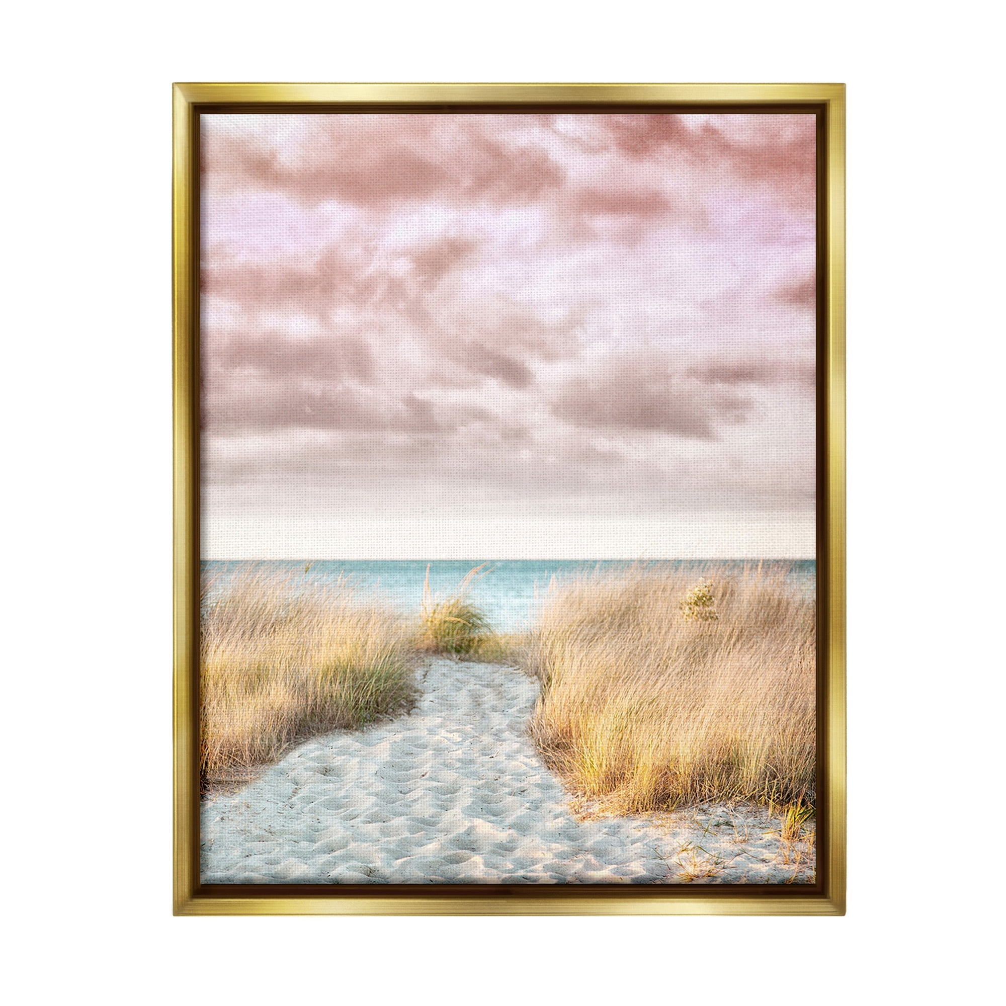 Stupell Industries Beach Path with Pink Sky Landscape Photography Gold Floater Framed Canvas Art Print Wall Art, 25 x 31