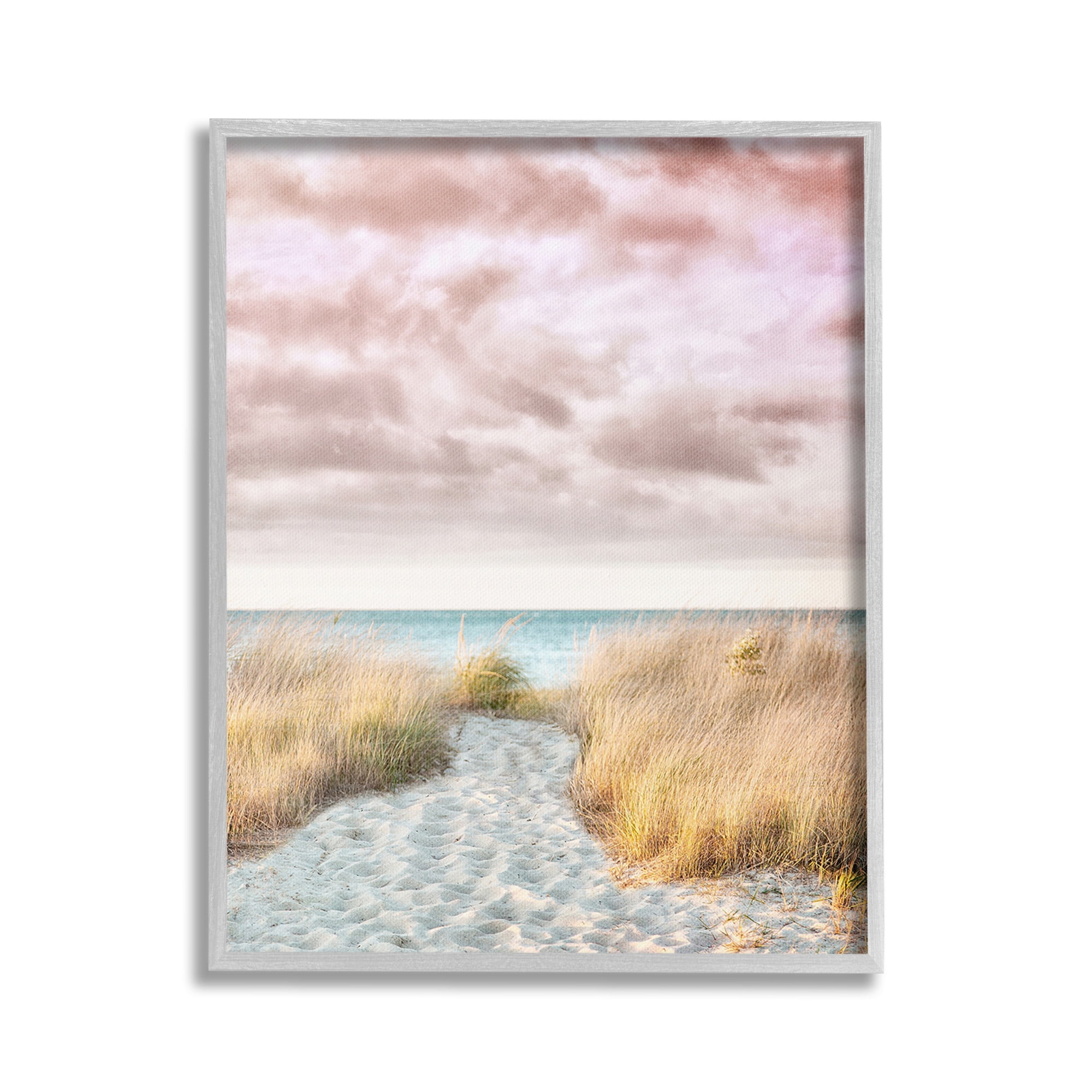 Stupell Industries Beach Path with Pink Sky Landscape Photography Gray Framed Art Print Wall Art, 16 x 20
