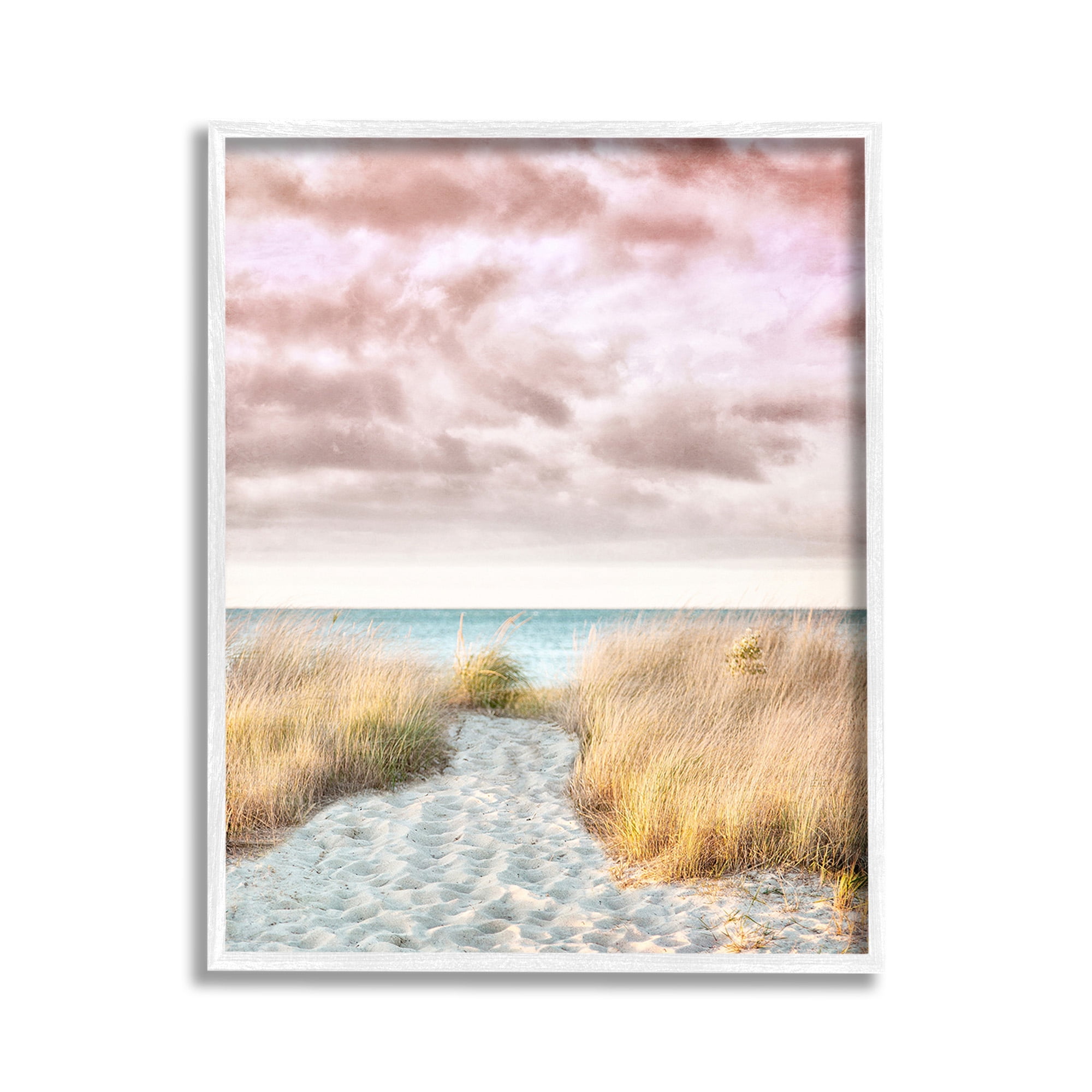 Stupell Industries Beach Path with Pink Sky Landscape Photography White Framed Art Print Wall Art, 11 x 14