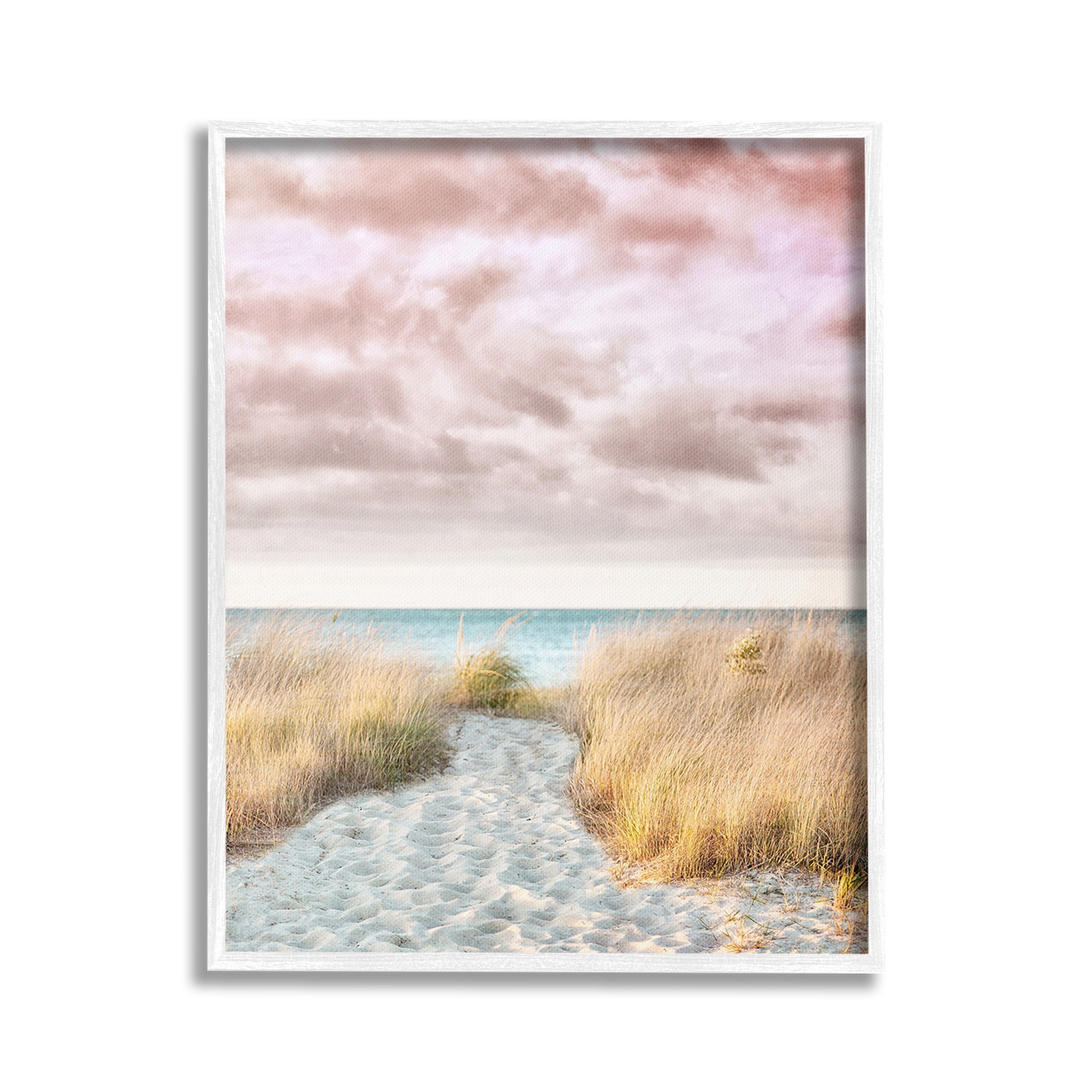 Stupell Industries Beach Path with Pink Sky Landscape Photography White Framed Art Print Wall Art, 24 x 30