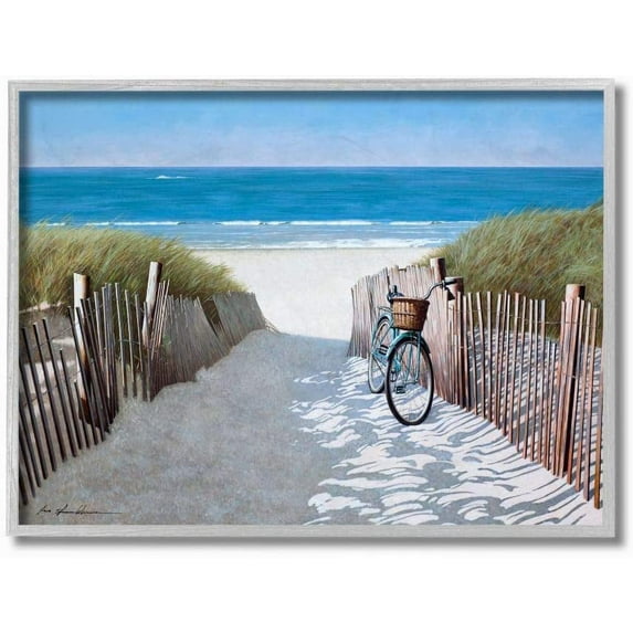 Stupell Industries Beach Pathway and Bicycle Summer Nautical Painting Gray Framed Art Print Wall Art, 16x20, by Zhen-Huan Lu