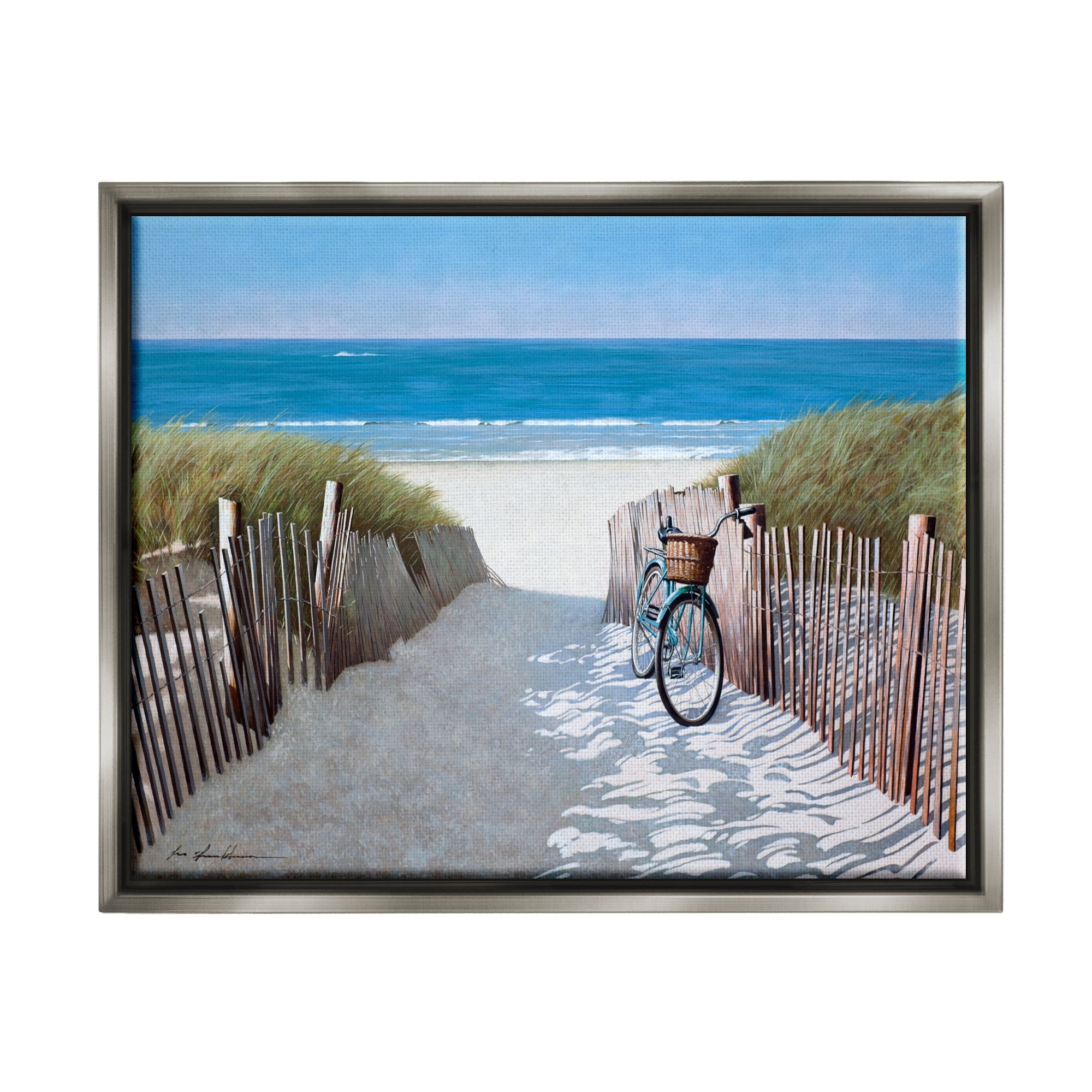 Stupell Industries Beach Pathway and Bicycle Summer Nautical Painting Luster Gray Framed Floating Canvas Wall Art, 24x30, by Zhen-Huan Lu