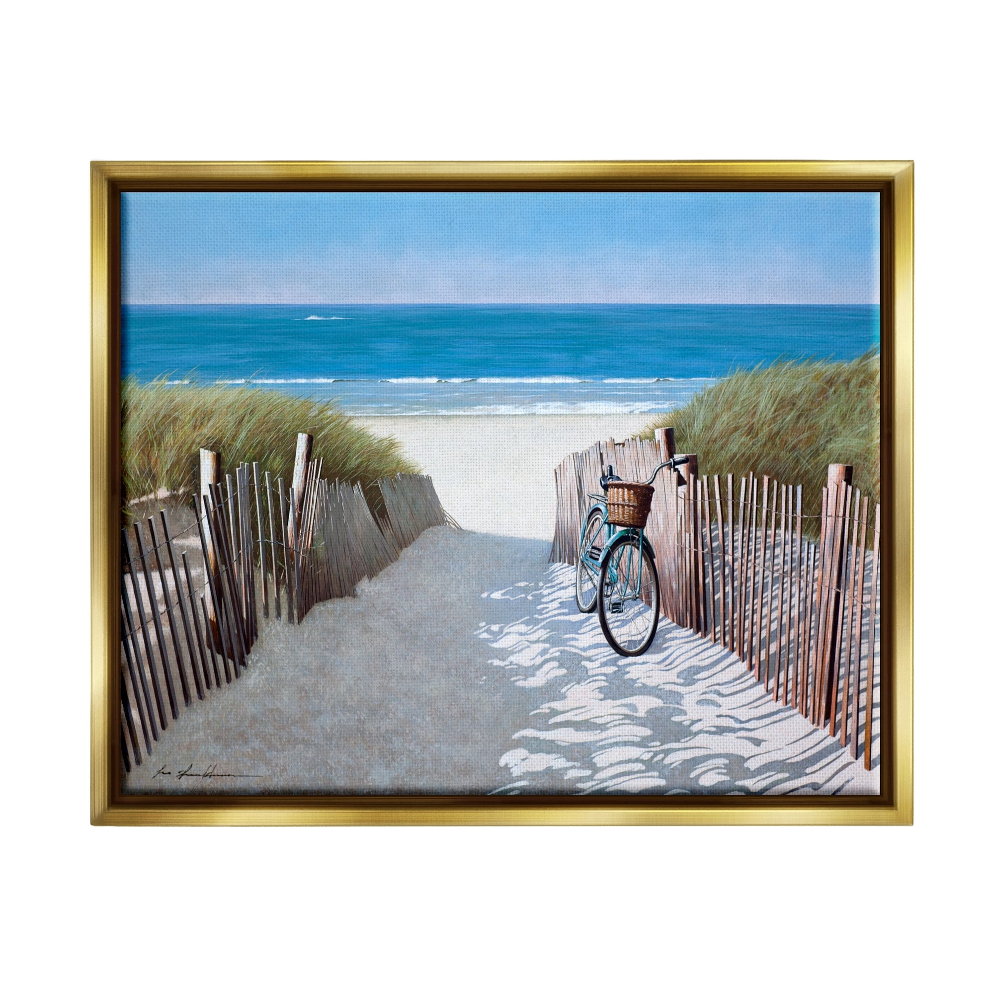 Stupell Industries Beach Pathway and Bicycle Summer Nautical Painting Metallic Gold Framed Floating Canvas Wall Art, 24x30, by Zhen-Huan Lu