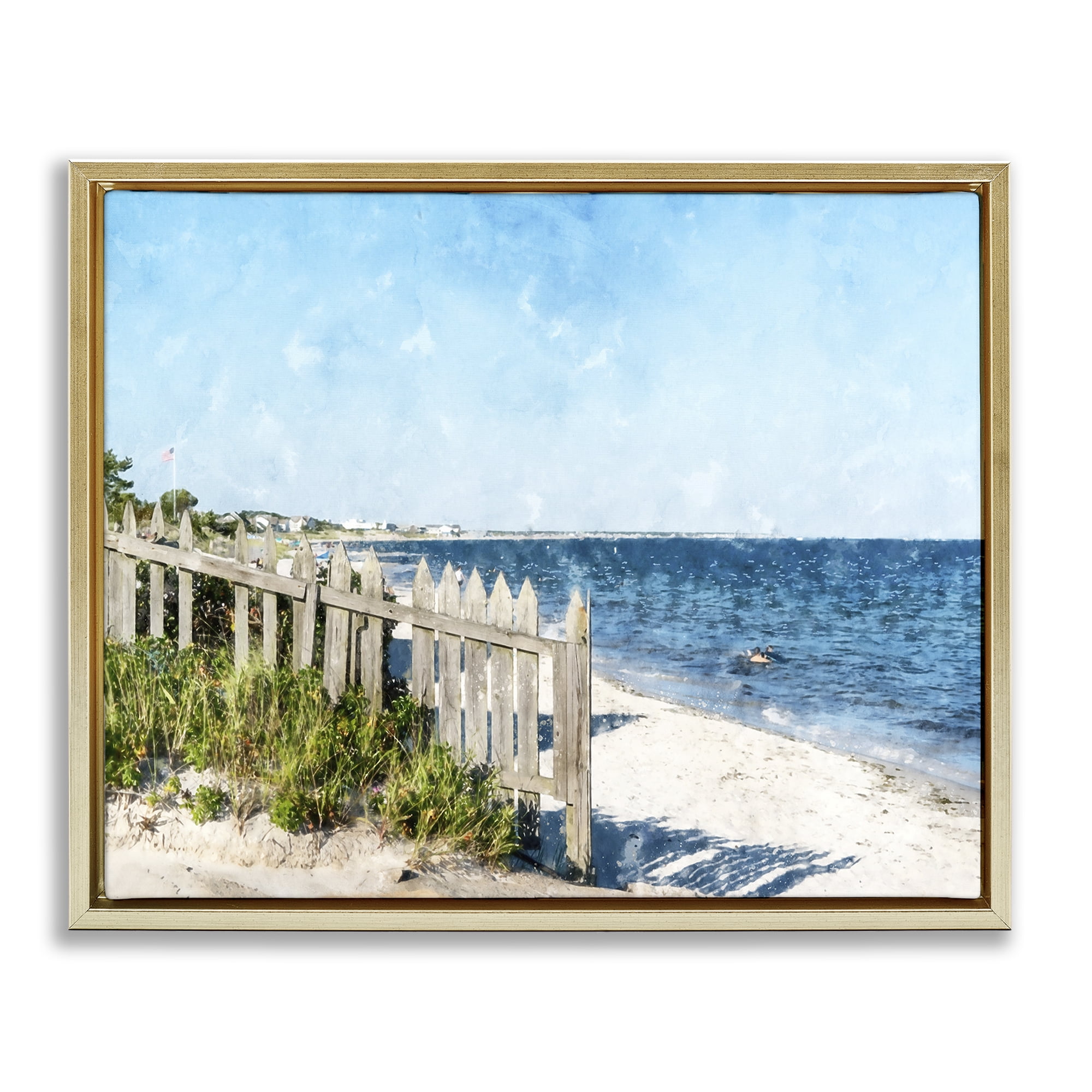 Stupell Industries Beach Pickets View Gold Framed Floater Canvas Wall Art, design by Kim Curinga