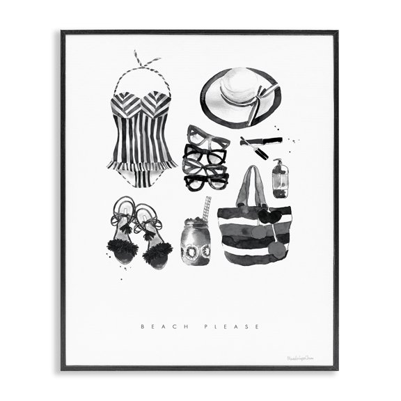 Stupell Industries Coastal Beach Please Phrase Black White Female Fashion Black Framed Giclee Art, 11 x 14, by Mercedes Lopez Charro