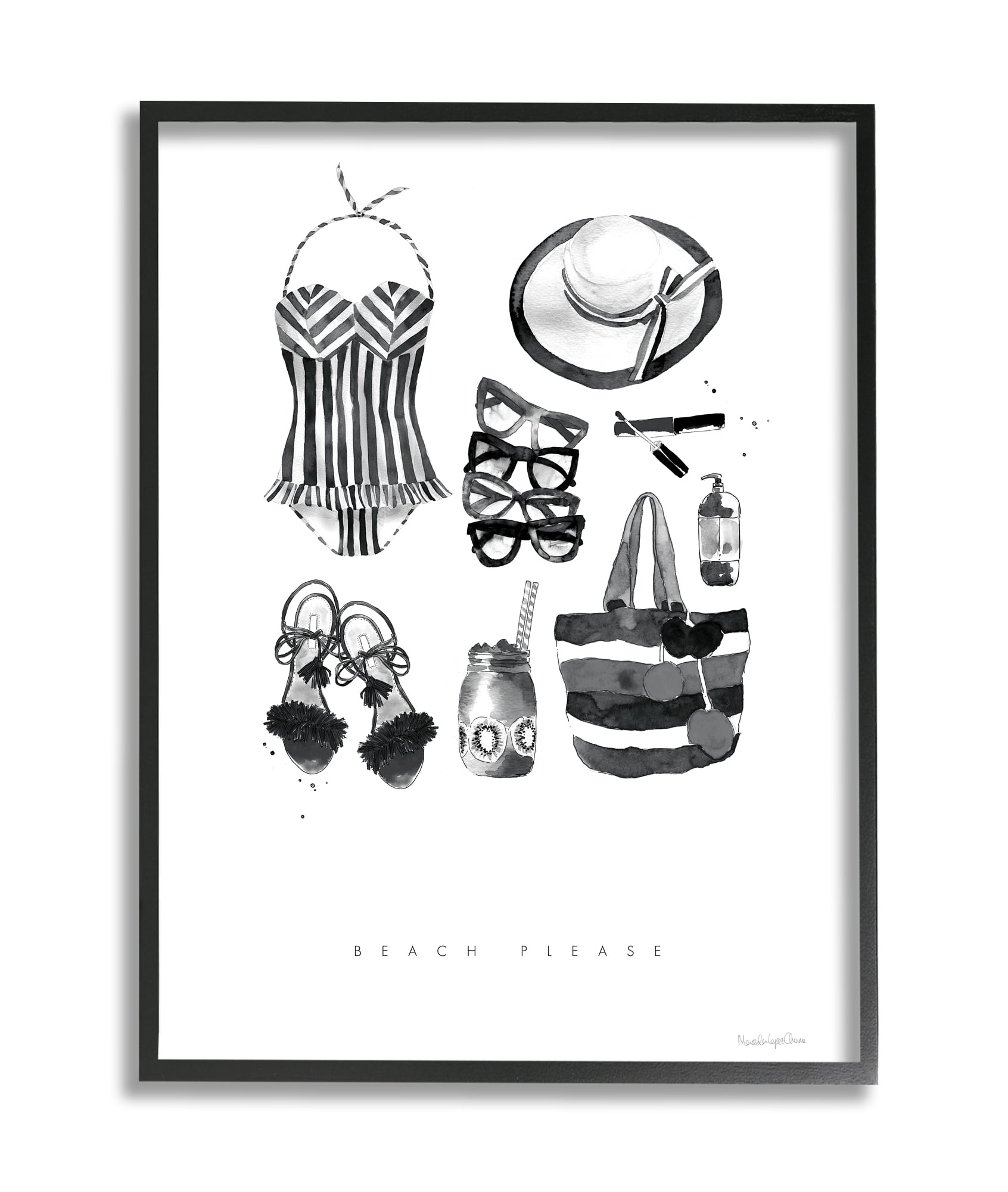 Stupell Industries Beach Please Phrase Black White Female Fashion Black Framed, 16 x 20, Design by Mercedes Lopez Charro