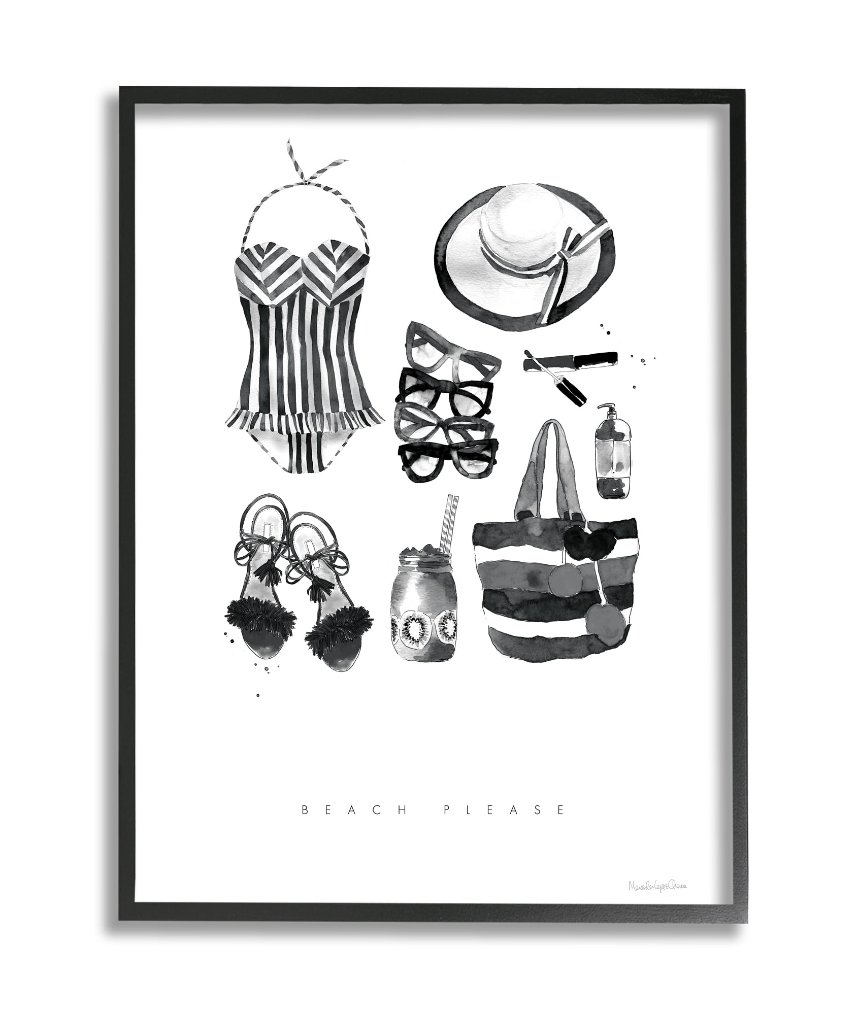 Stupell Industries Beach Please Phrase Black White Female Fashion Black Framed, 24 x 30, Design by Mercedes Lopez Charro