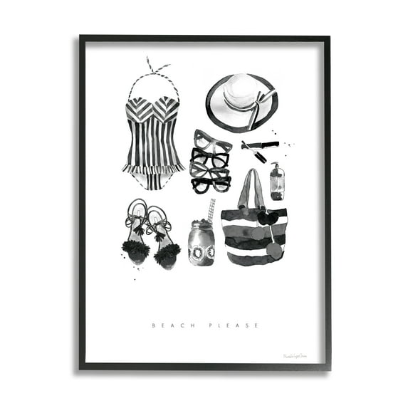 Stupell Industries Beach Please Phrase Black White Female Fashion Black Framed, 24 x 30, Design by Mercedes Lopez Charro