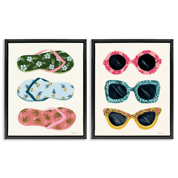 Stupell Industries Beach Ready Accessories Fashion Painting Black Floater Framed Canvas Art Print Wall Art, 17 x 21, Set of 2