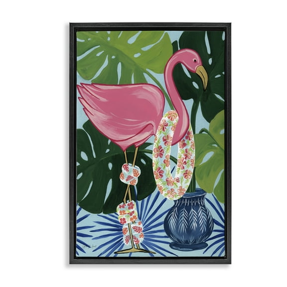 Stupell Industries Beach Ready Flamingo Animals Painting Black Floater Framed Canvas Art Print Wall Art, 21 x 31