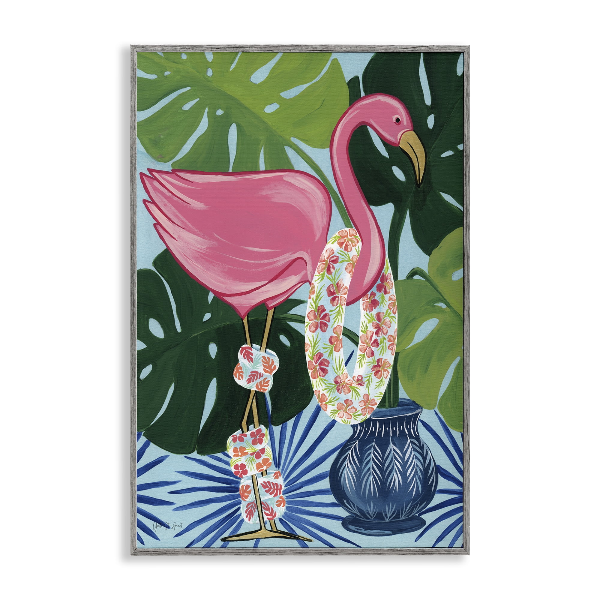 Stupell Industries Beach Ready Flamingo Animals Painting Gray Framed Art Print Wall Art, 20 x 30