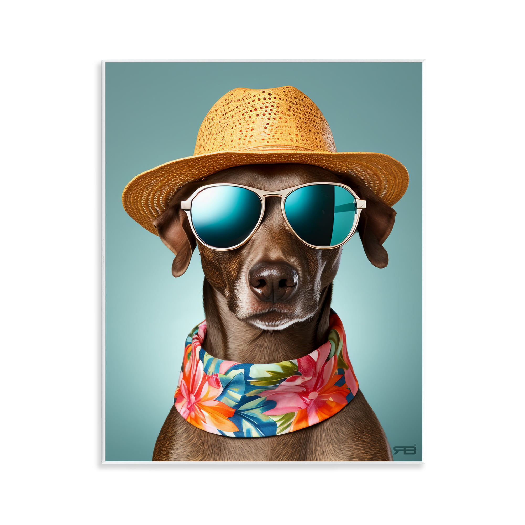 Beach Ready Pup with Straw Hat and Floral Scarf 11 x 14 MDF Wall Art