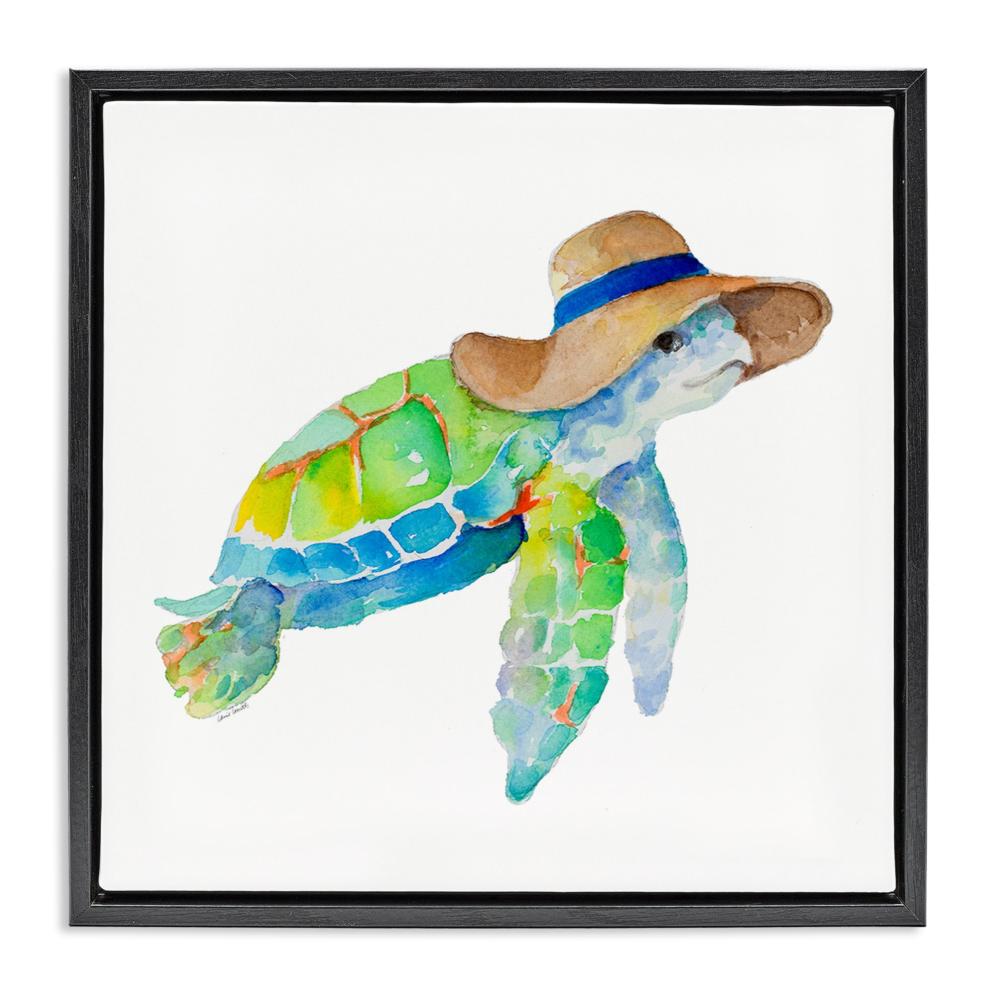 Stupell Industries Beach Ready Turtle Novelty Painting Black Floater Framed Canvas Art Print Wall Art, 18 x 18