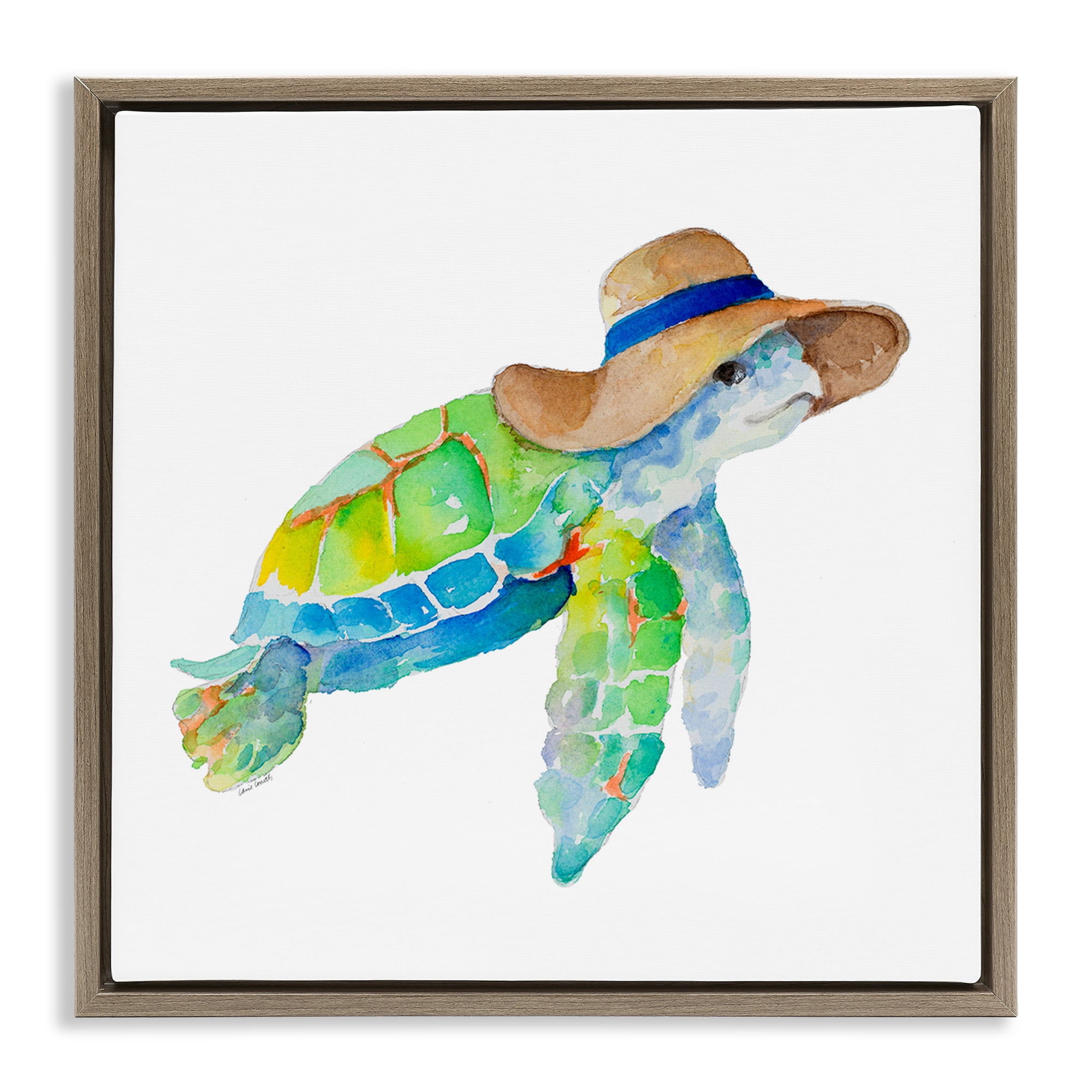 Stupell Industries Beach Ready Turtle Novelty Painting Brown Floater Framed Canvas Art Print Wall Art, 18 x 18